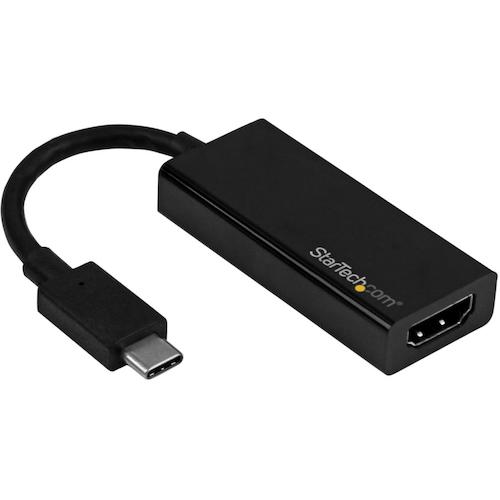 USB Type-C搭載ノートパソコンからHDMIビデオとオーディオを出力するアダプタ。Ultra HD 4K（60 Hz）の解像度に対応し、USB-C搭載MacBookなどで便利に使える製品です。DisplayPortビデオ信号を通すUSB-Cデバイスでも使用でき、 Thunderbolt 3ポートと互換性があります。

【驚きの高画質】
このアダプタは、USB Type-Cに内蔵のビデオ機能を活かし、4K／60Hz ディスプレイに驚きのUHD超高画質映像を表示します。非常にリソース消費が大きなアプリケーションを使用する際でも、マルチタスクが容易になります。出力解像度は60Hzで3840 x 2160pに対応し、4Kビデオの表示など高解像度タスクに最適です。また、1080pディスプレイとも下位互換性があり、家庭やオフィスその他の環境に最適なアクセサリとなります。

【優れた携帯性】
小型軽量設計のUSB Type-Cビデオアダプタは携帯性に優れ、新型のスリムなUSB-C端末と一緒にノートパソコンバッグやキャリーケースに軽く納まります。オフィスでのBYOD（私物デバイス持ち込み）用途に最適です。

【接続が簡単なUSB Type-C】
このアダプタは、ポータブル端末に搭載のUSB Type-Cポートを使用します。USB Type-Cは汎用性に優れ、コネクタはどちら側を上にしても差し込めるリバーシブル構造になっています。プレゼンテーションや講演を行う際、ディスプレイやプロジェクタへの接続時に挿入方向を間違えて慌てることがありません。

StarTech.comでは、本製品に3年間保証と無期限無料技術サポートを提供しています。

注意：
◆本アダプタを使用するには、USB-Cデバイス側で、ビデオに対応している必要があります。
◆一部のMacモデルでは、ディスプレイ検出時に不具合が発生する場合があります。問題が発生する場合は、弊社テクニカルサポートにご連絡ください。Mac互換性の問題を避けるには、別製品 CDP2HD4K60Hをお勧めします。