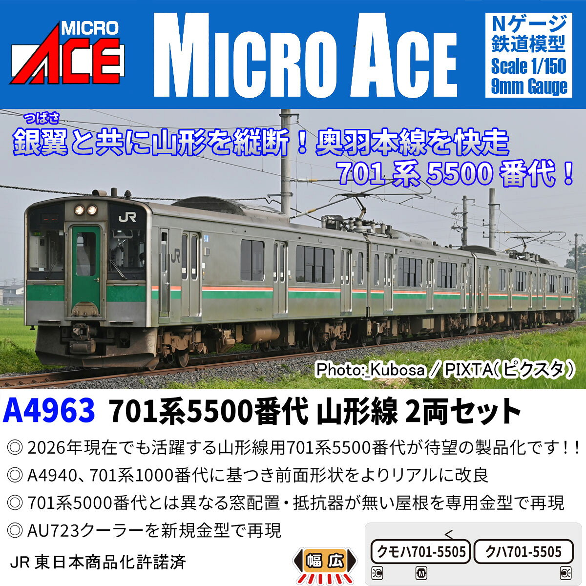 1993年、JR東日本では東北地区の普通列車用として交流通勤型電車の701系を投入しました。
ラッシュ時の乗降時間短縮のために両開き3扉オールロングシート構造が採用され、投入地区のホーム高を考慮してステップ付の構造になりました。
車体は209系を基本とした軽量ステンレス製で前面中央には複数編成の併結を考慮して貫通扉が設置されました。
主制御器はVVVFインバータ制御が採用され回生制動失効防止のために電動車の屋上には発電ブレーキ用の抵抗器が設置されています。
701系5500番代は、1999年12月4日の山形新幹線新庄延伸に向けて導入されました。
田沢湖線で運用されている701系5000番代をベースとしながらも、急勾配が連続する板谷峠通過対策や、車いす対応の大型便所の採用など細かな変更がありました。
また、701系1500番代で採用した回生ブレーキを導入したことにより、電動車の屋上にあった発電ブレーキ用の抵抗器が廃止されすっきりとした屋根上になっているのが特徴です。
2026年現在、山形線米沢ー新庄間で719系5000番代と共に地域の交通としての役割を担っています。

製品特徴
●2026年現在でも活躍する山形線用701系5500番代が待望の製品化です！!
●マイクロエース通勤型電車シリーズのさらなる充実
●701系5000番代とは異なるトイレ位置や窓配置を専用金型で再現
●701系5500番代特有の抵抗器が無い屋根上を新規金型で再現
●AU723クーラーを新規金型で再現
●機器更新前、シングルアームパンタグラフ交換後、強化スカート交換後、床下ライトグレーの姿
●側面ステップ無し、テールライトは上部に移された姿
●クモハ701の屋根上高圧機器を立体的に再現、碍子の色は白色で再現
●動力付き、ヘッドライト・テールライト点灯。モーター車は併結運転を考慮しゴムタイヤ無し
●山形新幹線400系・E3系・E8系歴代のつばさや719系5000番代のお供に好適
※強化スカート換装前の姿を楽しめるよう、原型スカートを同封します!
※部品共用のため一部実車と異なります

製品内容
クモハ701-5505 (M)
クハ700-5505

付属品
・行先シール
・連結用カプラー　
・原型スカート

活躍地域
・東北

会社
・JR

・ホビー系商品についての諸注意
メーカー都合により発売の大幅な延期が発生する可能性がございます。
予約商品についてはメーカーから順次入荷次第の発送となります。メーカー公表の発売日とは異なる場合がございますのでご了承ください。【対象年齢】：14歳以上