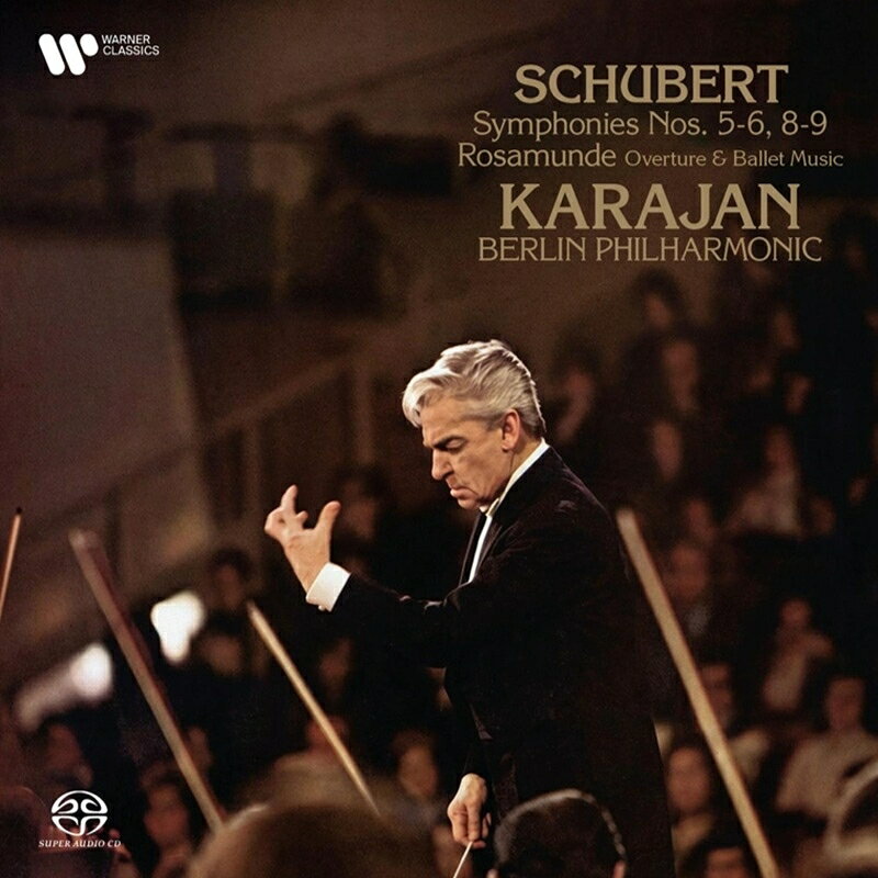 黄金時代のベルリン・フィルが奏でる至高の響き。
巨匠カラヤンが築き上げた、崇高なるシューベルトの記念碑。

オリジナル・マスターテープから、パリの「Studio Circe」による2026年ハイレゾ・リマスタリングを行い、高音質のSACDハイブリッドとして発売。ベルリン・フィル特有のシルクのような質感が、繊細なニュアンスまで鮮烈に浮かび上がり、カラヤンが追い求めた究極の響きを余すところなく伝えます。

カラヤンとベルリン・フィルハーモニー管弦楽団が1970年代後半に旧EMIへ録音したシューベルトの交響曲全集は、今なおカタログに欠かせない決定盤としての地位を保っています。これらの録音には、当時のベルリン・フィルを象徴する「シグネチャー・サウンド」が見事に刻み込まれています。それは、絹のように滑らかなレガートと比類なき流動性、金管や打楽器の圧倒的な迫力、そしてベルリン・フィルハーモニー管弦楽団の本拠地であるフィルハーモニー・ホールの豊かな響きを活かした広大な録音クオリティです。
　カラヤンの指揮が真に円熟味を見せるのは、最後の2つの交響曲においてです。交響曲第8番『未完成』では、このオーストリア出身の指揮者は神秘的かつ悲劇的な雰囲気を作り出すことに長けています。そして、この全集の白眉は何といっても交響曲第9番『グレート』でしょう。カラヤンは音のしなやかな美しさを決して損なうことなく、一定のリズムの脈動を維持し続け、フィナーレでは統制された力強さの真骨頂を見せつけています。それらの至高の響きがシューベルト音楽の巨大な建築的ヴィジョンに奉仕した、指揮者の「黄金時代」を証明する遺産として輝き続けています。

【2026年新リマスターの特徴】
「カラヤンの統率が細部まで徹底された名演。最新リマスターは、演奏本来の瑞々しさを鮮やかに引き出している。トゥッティは奥行きと透明感、そして豊かなふくよかさを湛えているが、音像が明晰なため、決して甘さを露呈することはない。特筆すべきはシューベルト特有の転調の見事な捌きだ。弦の量感と清涼感の絶妙な調和に加え、潤いに満ちた木管の音色と至芸も、本作の抗いがたい魅力である。」〜音楽評論：西村 祐

※こちらの商品は、国内盤での発売予定はございません。
※今後国内盤として発売予定のカラヤンの新リマスターSACDは、輸入盤での発売予定はございません。
※ワーナーミュージック・ジャパン取り扱い輸入盤のみ、日本語解説・帯付き。日本語解説書には、オリジナルブックレット解説の日本語訳、西村 祐氏によるリマスターと演奏についての書下ろし解説を掲載。（輸入元情報）

【収録情報】
Disc1
シューベルト：
1. 交響曲第5番変ロ長調 D.485
　I. Allegro (7:09)
　II. Andante con moto (9:35)
　III. Menuetto: Allegro molto - Trio (5:40)
　IV. Allegro vivace (5:53)

2. 交響曲第6番ハ長調 D.589
　I. Adagio - Allegretto (7:55)
　II. Andante (7:21)
　III. Scherzo: Presto - Trio: Piu lento (6:53)
　IV. Allegro moderato (11:39)

3. 劇付随音楽『キプロスの女王ロザムンデ』 Op.26, D.797より
　序曲（魔法の竪琴 D.644より）(12:05)
　バレエ音楽第1番：Allegro moderato (7:57)

Disc2
4. 交響曲第8番ロ短調 D.759『未完成』
　I. Allegro moderato (11:59)
　II. Andante con moto (13:42)

5. 交響曲第9番ハ長調 D.944『グレート』
　I. Andante - Allegro ma non troppo (12:59)
　II. Andante con moto (13:14)
　III. Scherzo: Allegro vivace - Trio (14:17)
　IV. Finale: Allegro vivace (12:00)

6. 劇付随音楽『キプロスの女王ロザムンデ』 Op.26, D.797より
　バレエ音楽第2番：Andantino (7:53)

　ベルリン・フィルハーモニー管弦楽団
　ヘルベルト・フォン・カラヤン（指揮）

　録音時期：1975年1月8日（4）、1977年6月10-12日（5）、1977年9月28日＆1978年1月2-6日（1,2,3,6）
　録音場所：ベルリン、フィルハーモニー
　録音方式：ステレオ（アナログ／セッション）

　SACD Hybrid
　2026 Newly remastered in HD 192kHz/24-bit from original tapes by Studio Circe

　ワーナーミュージック・ジャパン取り扱い輸入盤のみ、日本語解説・帯付き（輸入元情報）


Powered by HMV