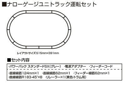 ナローゲージに適した線路。1/76スケールの縮尺による枕木の間隔が広い線路が、ナローゲージ車両の走行をさらに実感的にさせます。

ナローゲージ入門の方にはナローゲージユニトラック運転セットがおすすめです。A2サイズに収まるほどコンパクトなため、小さなスペースでも車両の走行風景をお楽しみいただけます。

●ナローゲージユニトラック運転セット
・ナローゲージ入門の方におすすめのパワーパック同梱線路セット
・走る場所を選ばないA2サイズに収まる515mm×391mmのエンドレス線路。ナローゲージ車両のユーモラスな走行を楽しめる
・製品内容…直線線路124mm×1、直線線路62mm×1、フィーダー線路62mm×1、曲線線路R183-45°×8、リレーラー×1(黄色・トラム用)、フィーダーコード×1、パワーパック スタンダードSX(グレー)×1、電源アダプター×1
・パッケージ内にナローゲージ車両1両分とジョイント道床4つ分を収納可能

・ホビー系商品についての諸注意
メーカー都合により発売の大幅な延期が発生する可能性がございます。
予約商品についてはメーカーから順次入荷次第の発送となります。メーカー公表の発売日とは異なる場合がございますのでご了承ください。【対象年齢】：