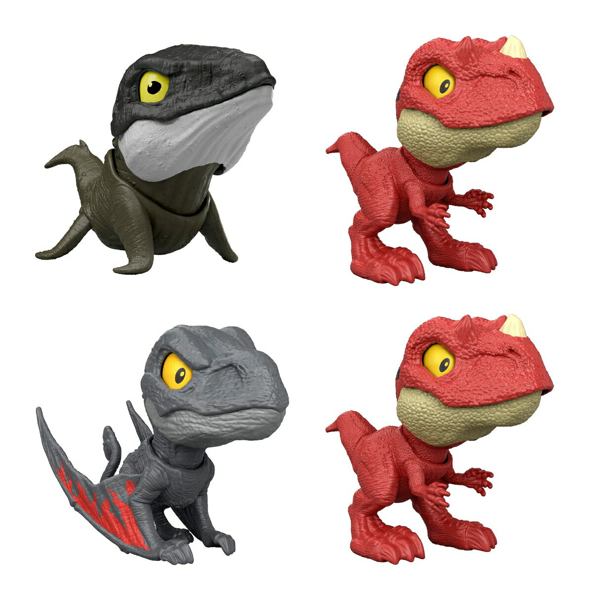 【内容】大人気恐竜たちの小さくてかわいいコレクションフィギュア。頭を押すとかわいい表情から牙をむき出してどう猛な顔に変化しちゃうよ。「ジュラシック・ワールド」ファンなら全部集めたくなるはず！ ?&copy; Universal City Studios LLC and Amblin Entertainment, Inc. All Rights Reserved. 
【セット内容】モササウルスx1、ケラトサウルスx2、ディモルフォドンx1、合計4点
【原産国】ベトナム【対象年齢】4歳〜
【Brandについて】大迫力のマテルのジュラシック フィギュア。
【ジュラシックワールド】恐竜と人間が共存する世界で巻き起こる驚きとスリルに満ちた冒険を描く大人気映画シリーズです。
【プレゼントに最適】お誕生日、クリスマスプレゼント、入園・入学祝いなど記念日でのプレゼントにぴったりです。【対象年齢】：4歳以上【商品サイズ (cm)】(幅×高さ×奥行）：11×15.2×4.8