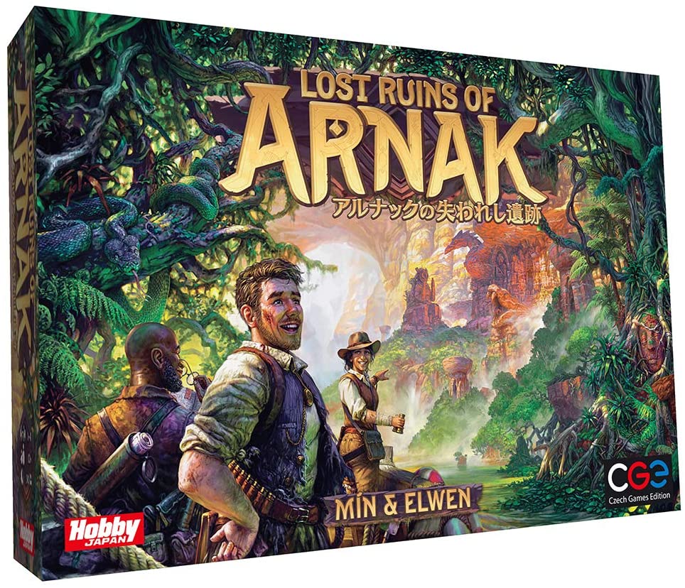 無人島アルナックで、守護者に立ち向かい、島の秘密を手に入れろ。
『アルナックの失われし遺跡』は、デッキ構築+ワーカープレイスメント+リソースマネジメントが見事なシステムも見どころの、
探索と発見に満ちたボードゲームです。

『アルナックの失われし遺跡』で、プレイヤーは島を探検する考古学者の一団として島に上陸し、
「新たな場所を発見」したり、「発掘」したり、「研究」したり、「カードの購入」したり、
「カードをプレイ」したり、「守護者の撃退」をするなどのアクションを実行することで勝利を目指します。

これらのアクションを行うとき、例えば「発掘」のためには考古学者コマを場所に送り込む必要があり、カードでコストを支払います。
またカードはコストの支払いだけではなく、「カードをプレイ」することでカード効果を得ることにも使用できます。
ゲーム開始時のカードの内容は各プレイヤー共通ですので、新たなカードを購入して自分のデッキを強化していくことも必要となるでしょう。

プレイ人数:1~4人
プレイ時間:30分×人数
対象年齢:12歳以上
ゲームデザイン:M?n & Elwen

[セット内容]
メインボード(両面印刷)1枚、サプライボード(両面印刷)1枚、プレイヤーボード(両面印刷)4枚、カード110枚、木製の考古学者コマ8個、木製の研究トークン8個、
タイル類 131枚、紙製トークン54個、プラスチック製トークン37個、開始プレイヤーマーカー1つ、月の杖(紙製)1つ、早見表シート4枚、ルールブック