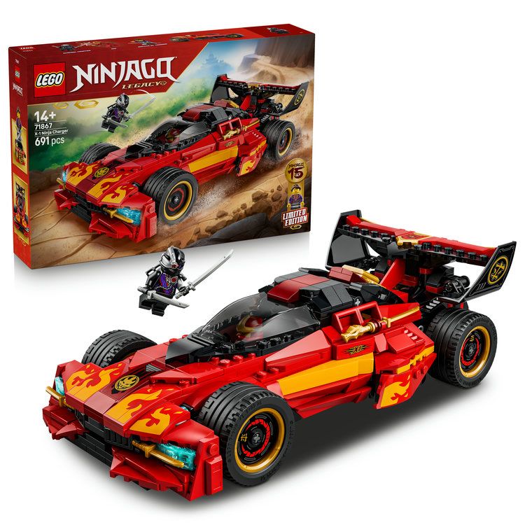 ・ コレクターセット - X-1 ニンジャ・チャージャー（71867）で『レゴ&reg;ニンジャゴー』15周年を祝おう
・ 2in1カーモデル - X-1 ニンジャ・チャージャー（70727）のリメイク版として登場した今回のセットは、ボンネットを開くとバイクが発進する2in1モデル
・ ニンジャゴー ミニフィギュア3体 - カイと悪のクリプトー将軍に加え、シリーズ初登場のシャドウマスターのお宝ミニフィギュア（専用スタンドと記念コイン付き）が付属
・ 武器アクセサリー - クリプトー将軍のシルバーの剣、シャドウマスターの短剣のほか、カイにはのりものに取り付けられるゴールドの剣2本
・ ティーン向けギフト - 組み立てとニンジャごっこを思い切り楽しめます
・ 楽しい組み立ての世界 - 手順がひと目でわかるLEGO&reg; Builderアプリは、ご家庭にあるセットのデジタルカタログ作りに役立つほか、立体表示されるモデルを拡大・回転して手順を確認しながら組み立てを進め、進行状況を保存できます
・ ニンジャになりきって遊べるおもちゃ - レゴ&reg;ニンジャゴーシリーズには、リアルなニンジャごっこを楽しめるラインナップが勢ぞろい
・ サイズ - 車（約）高さ8cm x 長さ25cm x 幅12cm／ピース数：691
・ レゴデュプロ以外の製品には、小さな部品が入っています。間違って飲み込む危険がありますので、4才未満のお子さまには遊ばせないでください。【対象年齢】：14歳以上【商品サイズ (cm)】(幅×高さ×奥行）：26.2×7.05×38.2