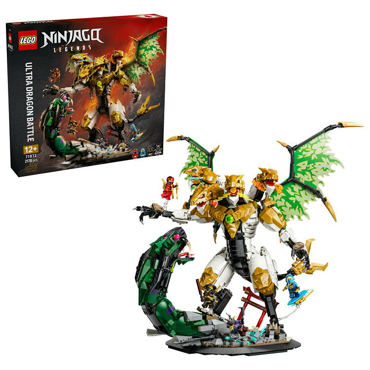 
レゴ&reg;ニンジャゴー レジェンズ：ウルトラドラゴン・バトル 組み立てセット
『レゴ&reg;ニンジャゴー レジェンズ 黄昏編』の壮大な最終決戦シーンをリアルに再現するかっこいいモデルをその手で組み立てよう。
 
注目を集めるディスプレイ
地中から現れた蛇のモンスターと勇敢に戦う四頭ドラゴンの姿を鮮やかに描き出すモデルです。
AID261GLfdcdfe4cShopperVideo30s16x9_WoText.mp4 -->
レゴ&reg;ニンジャゴー レジェンズ：ウルトラドラゴン・バトル
   ドラゴンのディスプレイモデルアニメで見た壮大なバトルシーンがまざまざとよみがえります。    ポーズを変えられるドラゴン四頭ドラゴンのポーズを自由に変えてみよう。    ニンジャゴー ミニフィギュア4体ジン、ミラ、ネイト、オニ将軍のミニフィギュアがアクション満載のごっこ遊びを盛り上げます。 
 
インタラクティブなデジタル版組み立て説明書
組み立て手順がひと目でわかるLEGO&reg; Builderアプリを使えば、立体表示されるモデルを拡大・回転させながら組み立て、作業の進行状況を保存できます。
 
レゴ&reg;ニンジャゴーシリーズのセットを集めよう
他のセット（別売り）を組み合わせて冒険の世界を広げ、ニンジャヒーローたちともっと遊ぼう。
・ ドラゴンのディスプレイ - レゴ&reg;ニンジャゴー ウルトラドラゴン・バトル（71872）でカッコいいバトルシーンを創りだそう
・ ドラマチックなバトルを演出 - 『ニンジャゴー&reg; レジェンド』で地中から現れた蛇のモンスターと4頭のウルトラドラゴンが繰り広げた最終決戦を再現しよう
・アクションフィギュア - 4頭のドラゴンは、尻尾、翼、頭、顎、腕、爪が動き、スタンドから取り外せます。ヘビは首と顎が動きます
・ おなじみのキャラクターたち - ジン、ミラ、ネイト、オニ将軍のミニフィギュアとストーリーのバトルを広げられます
・ ティーン向けギフト - ニンジャゴー&reg;ファンへ贈るホリデーシーズンのギフトやお誕生日プレゼントに
・ 楽しい組み立ての世界 - 手順がひと目でわかるLEGO&reg; Builderアプリは、ご家庭にあるセットのデジタルカタログ作りに役立つほか、立体表示されるモデルを拡大・回転して手順を確認しながら組み立てを進め、進行状況を保存できます
・ ニンジャになりきって遊べるおもちゃ - レゴ&reg;ニンジャゴー シリーズには、お気に入りのヒーローとファンタジーアドベンチャーの世界で遊べるセットが種類豊富にそろっています
・ サイズ -（約）高さ40cm × 幅48cm × 長さ42cm／ピース数：2,178
・ レゴデュプロ以外の製品には、小さな部品が入っています。間違って飲み込む危険がありますので、4才未満のお子さまには遊ばせないでください。【対象年齢】：12歳以上【商品サイズ (cm)】(幅×高さ×奥行）：48×9.1×52.3