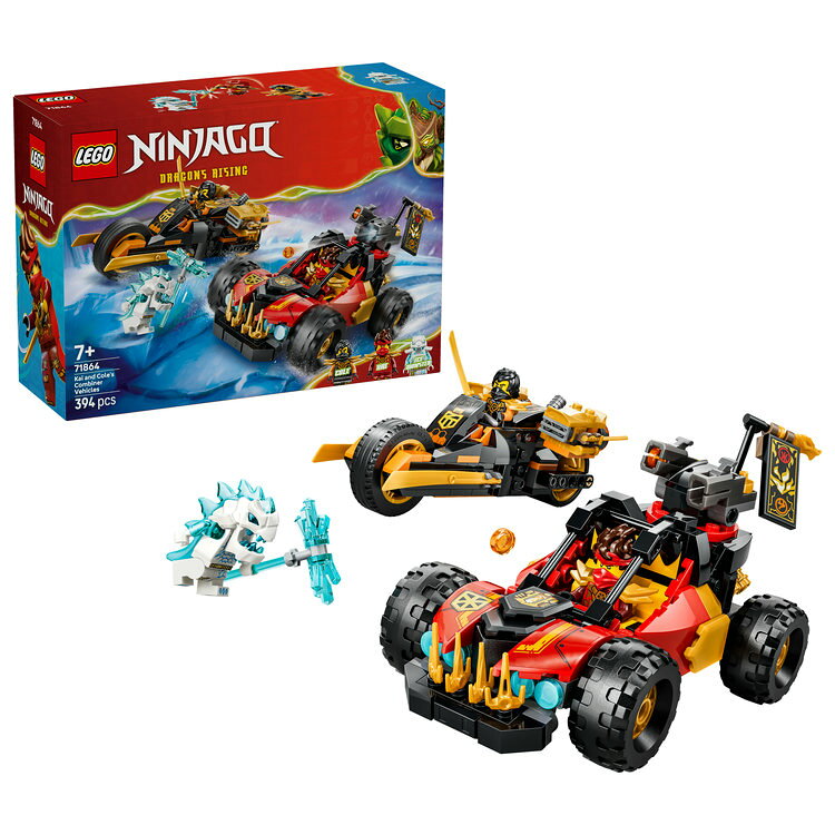 ・ ニンジャのプレイセット - カイとコールの合体ビークル（71864）は、『ニンジャゴー ドラゴンライジング』シーズン4のワクワクするアクションを再現して遊べます
・ のりもののおもちゃ - コックピットとシューター搭載のオフロードバギーと、ゴールドの剣と旗で飾られたバイクから、ごっこ遊びのアイデアが無限に広がります
・ 合体ビークル - バギーとバイクの後部パーツを取り外して入れ替えると3輪マシンが出来上がります
・ ニンジャゴー&reg;ミニフィギュア3体 - カイとコール、初登場のアイス・モンスターが、善と悪の戦いを繰り広げます
・ 楽しいギフト - ニンジャやファンタジーアドベンチャーを夢想するお子さまへ贈るホリデーシーズンのギフトやお誕生日プレゼントに
・ 冒険の舞台を広げよう - レゴ&reg;ニンジャゴー シリーズのドラゴンやメカスーツ、道場、のりものを組み合わせて遊ぼう（各セット別売り）
・ ニンジャになりきって遊べるおもちゃ - レゴ&reg;ニンジャゴー シリーズには、お気に入りのヒーローとファンタジーアドベンチャーの世界で遊べるセットが種類豊富にそろっています
・ サイズ ?（約）高さ9cm × 長さ18cm × 幅8cm／ピース数：394
・ レゴデュプロ以外の製品には、小さな部品が入っています。間違って飲み込む危険がありますので、4才未満のお子さまには遊ばせないでください。【対象年齢】：7歳以上【商品サイズ (cm)】(幅×高さ×奥行）：19.1×9.1×26.2