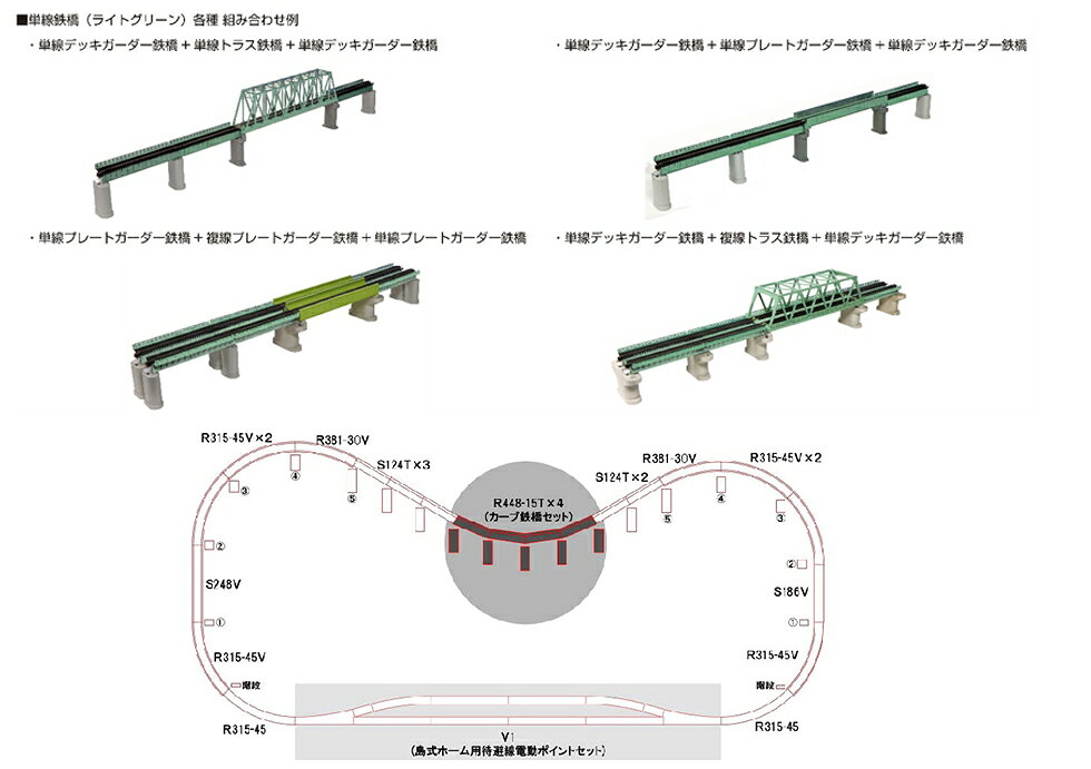 ● カーブ鉄橋セットR448-60°(緑)
・単線デッキガーダー曲線鉄橋R448-15°(緑)、単線鉄橋用 円錐台形橋脚No.5 50mm、単線ラーメン架線柱(橋脚用架線柱台付)の仕様はいずれも単品と同様。
組み立てることでガーダー橋×4スパン、R448-60°のカーブ鉄橋が出来上がるセット構成。
円周上の全長約47cm、3両編成が載るサイズとなります。
・橋脚の高さは既存製品の標準と同じ50mm(線路底面:60mm)となるよう設定、単線高架線路のレイアウト中に組み込んで、車両走行をお楽しみいただけます。
・本製品単独では走行をお楽しみになれません。
本製品に付属の架線柱台は単線鉄橋用ラーメン架線柱台×12組となり、23-047単線鉄・橋用橋脚No.5用架線柱台は付属しません。
・セット内容:単線デッキガーダー曲線鉄橋R448-15°(緑) 4個、単線鉄橋用 円錐台形橋脚No.5 50mm 5本、単線ラーメン架線柱(橋脚用架線柱台付) 12本

・ホビー系商品についての諸注意
メーカー都合により発売の大幅な延期が発生する可能性がございます。
予約商品についてはメーカーから順次入荷次第の発送となります。メーカー公表の発売日とは異なる場合がございますのでご了承ください。【対象年齢】：