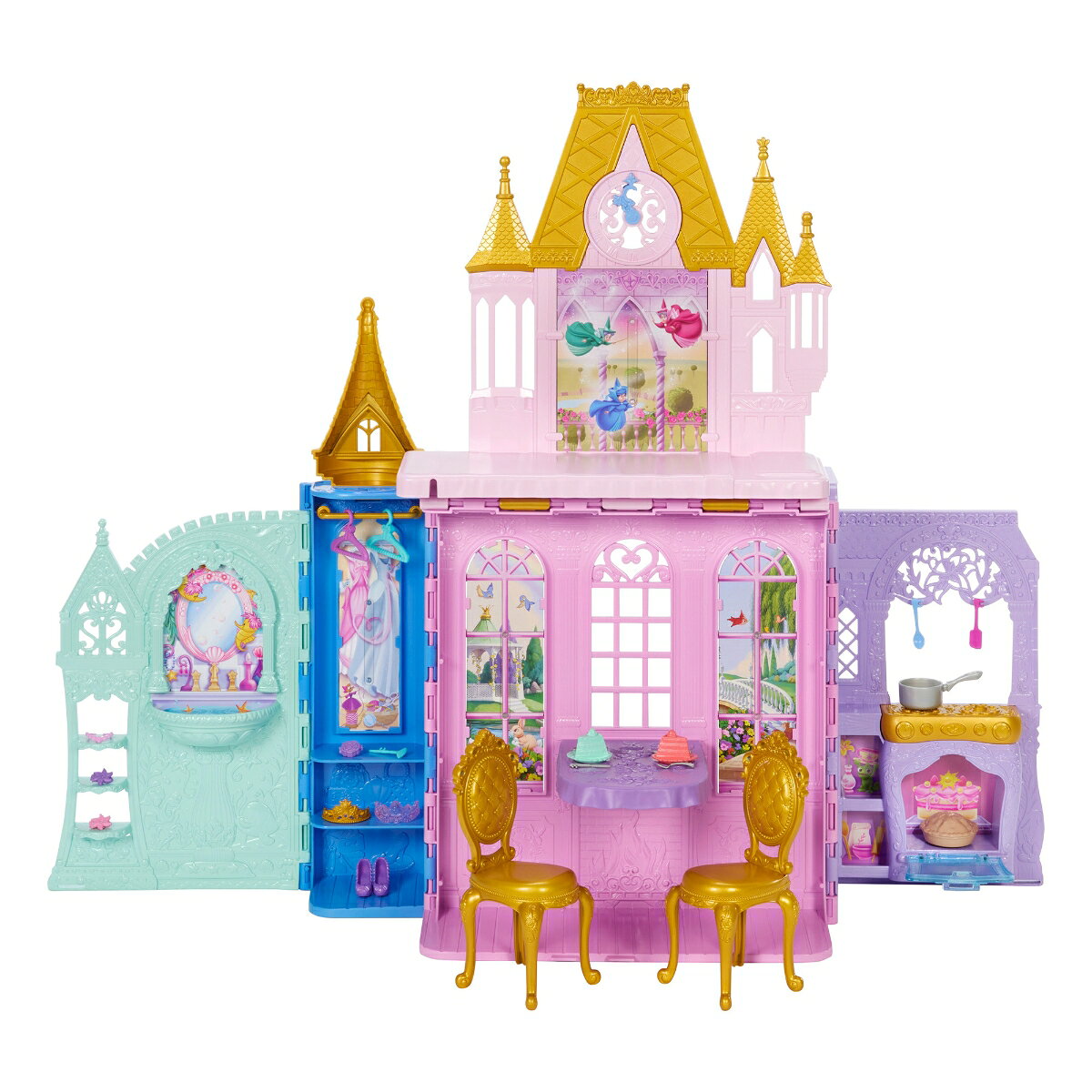 「ディズニープリンセス 夢のおへやコレクション キャッスル」は、持ち運びができ、どこでもディズニープリンセスの世界を楽しめるお城のプレイセットです。
おもてもうらも遊べる両面デザインで、パウダールーム、クローゼット、プリンセスのティールーム、キッチン、おしろのタワーの5つのプレイエリアを搭載。
それぞれディズニープリンセスの世界観にインスパイアされた空間で、さまざまなストーリー遊びを楽しめます。
キッチンではお料理ごっこ、ティールームではテーブルを広げてお友だちとのパーティー遊び、パウダールームではシンクや棚、クローゼットではハンガーや棚を使ったおしゃれ遊びが楽しめます。
イス2脚を含む全20個の小物付きで、食べ物やヘアアクセサリー、ティアラなどを使って遊びの幅が広がります。
広げると幅約60cm。
遊び終わったらお城を折りたたみ、時計の針を深夜12時に合わせるとロックがかかり、小物を中に収納できます。
折りたたんだ状態で持ち運ぶこともできます。
※プリンセスドールは別売りです。&copy; Disney
【原産国】メキシコ
【対象年齢】3歳から
【プレゼントに最適】お誕生日、クリスマスプレゼント、入園・入学祝いなど記念日でのプレゼントにぴったりです。
【ディズニープリンセス】時代を越えて絶大な人気を誇るディズニーのプリンセスたち。
プリンセスはいつも前向き、その勇気と優しさはまわりを明るく照らす。
プリンセスたちは、見せてくれる。
勇気と優しさを持ちつづければ、運命さえも、変えられることを。
未来をつくるのは、誰かではなく、自分自身。だから進もう。
私も、プリンセスのように。
私の未来は、私が決める。【対象年齢】：3歳以上【商品サイズ (cm)】(幅×高さ×奥行）：73×60×26
