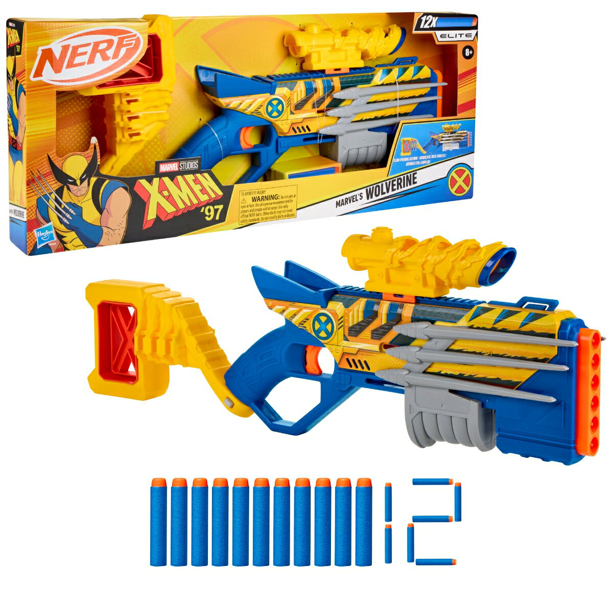 ハズブロ（Hasbro）ナーフ マーベル X-MEN '97 ウルヴァリン ブラスター、スコープ、6ダーツストレージストック、ポンプアクション、ナーフエリートダーツ12本付属、子供向けおもちゃ＆ギフト、対象年齢8才以上 G3356 正規品