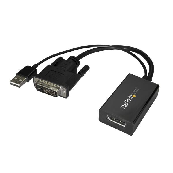 DVI - DisplayPort 変換アダプタ。デスクトップコンピュータなどのDVIビデオソースをDisplayPort （DP）モニタ／プロジェクタに接続します。

【手軽に使えるDVI-D - DisplayPort コンバータ】
このDVI - DisplayPortコンバータはUSBパワーを使用し、コンピュータのUSBポートから給電します。かさばる外付け電源アダプタが必要なコンバータとは異なり、手軽に使えます。USBポートから電源を取るデバイスは、ACコンセントが不要なので、コンセントがない（または届きにくい）場所でもDVIコンピュータをDPプロジェクタやディスプレイに接続することができます。会議室やワークステーションで便利なソリューションとなります。

また、このDVI - DPアダプタは、プラグランドプレイに対応しており、ドライバその他のソフトウエアをコンピュータにインストールする必要がありません。

【作業効率の向上】
本アダプタを使用し、コンピュータの空きDVIポートに外付けモニタを接続できます。画面を追加するとマルチタスクがしやすくなり、より多くの作業をより短い時間で効率良く処理することができます。オフィスなどの環境で、複数の画面に渡って文書や表計算ワークシートを表示する際に便利です。

【HDのビデオ画質を保持】
このDVI - DisplayPortアダプタは、1920x1200 または1080pのディスプレイ解像度に対応しています。コンピュータのグラフィックスカードに内蔵されたシングルリンクDVI-D機能をフル活用できるソリューションです。

StarTech.comでは、本製品に2年間保証と無期限無料技術サポートを提供しています。