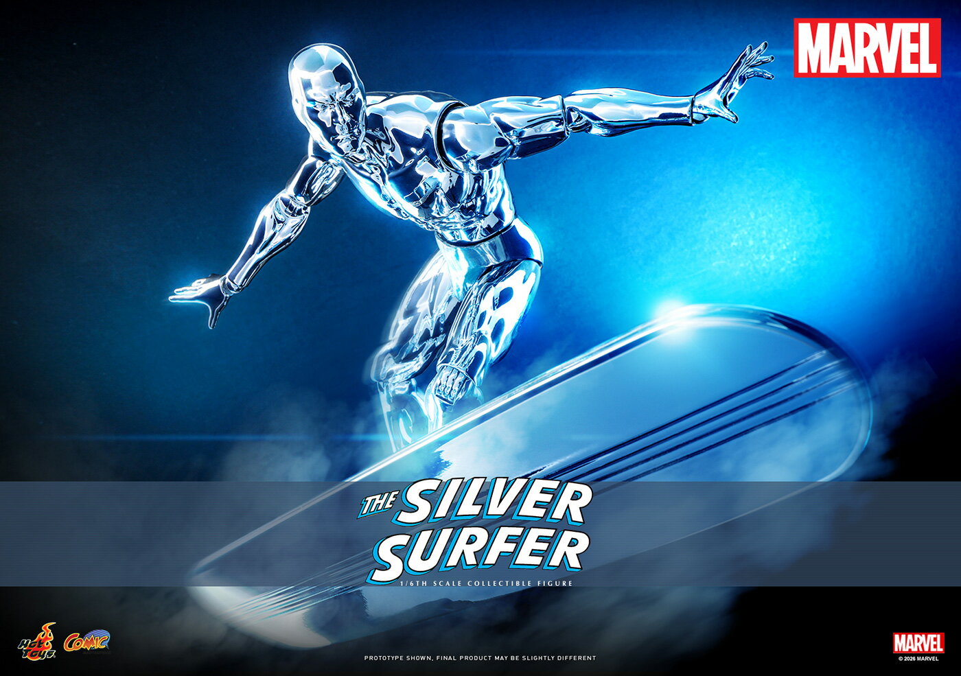 ホットトイズの「コミック・マスターピース」に、『マーベル・コミック』がラインナップ！シルバーサーファーが登場だ！

『マーベル・コミック』に登場するシルバーサーファーを、全高約32cm、25箇所以上が可動するハイエンドな1/6スケールのフィギュアとして立体化。
新規開発となるヘッドとボディは、光沢のあるシルバーの電気メッキ仕上げによって、全身が銀色に輝く姿を忠実に再現。
ディテールや質感にこだわり抜き、細部まで精巧な仕上がりとなっている。
トレードマークのサーフボードは、長さ約39cmで造形。マグネットを搭載しており、シルバーサーファーの足に固定することができるぞ。
マグネットの位置は調整可能だ。
また、武器として、ムジョルニアが付属。
コミックでの印象的なシーンを再現できる。
パープルのエフェクトがついたものを含む、豊富な差し替え用ハンドパーツを併せて使用すれば、さまざまなシチュエーションを演出可能だ。
ジオラマ仕様の台座は、自由にフィギュアの保持位置を変更できるフレキシブル・ピラーを採用しているので、浮遊するポーズなど多彩なディスプレイができるぞ。

コミックファンの間でも根強い人気を誇る、銀色のボードで宇宙を光速で駆けるヒーロー、シルバーサーファー。
コミックならではの魅力を余すことなく封じ込めた本アイテムは、絶対に手に入れたい究極の逸品だ！

付属品（武器）：ムジョルニア
付属品（アクセサリー）：サーフボード、差し替え用ハンドパーツ（×9）、ジオラマ台座

※画像は試作品のため実際の製品と異なる場合があります。
※簡単な組み立て作業を必要とする場合があります。

&copy; 2026 MARVEL

・ホビー系商品についての諸注意
メーカー都合により発売の大幅な延期が発生する可能性がございます。
予約商品についてはメーカーから順次入荷次第の発送となります。メーカー公表の発売日とは異なる場合がございますのでご了承ください。【対象年齢】：15歳以上【商品サイズ (cm)】(高さ）：32