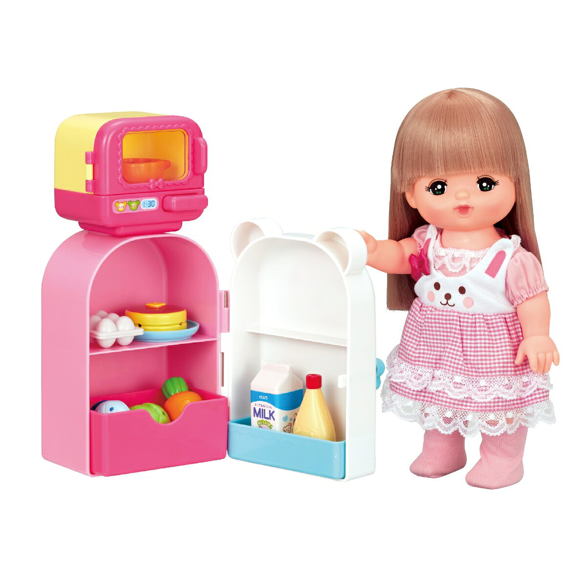 たべものパーツがいっぱいなので、れいぞうこにしまったり、レンジに入れてチンできたりします。セット内容：レンジ・れいぞうこ・お皿・たべものパーツ8個（キャベツ・にんじん・さかな・たまご・牛乳・マヨネーズ・ミートドリア・ホットケーキ）【対象年齢】：3歳〜【商品サイズ (cm)】(幅×高さ×奥行）：××