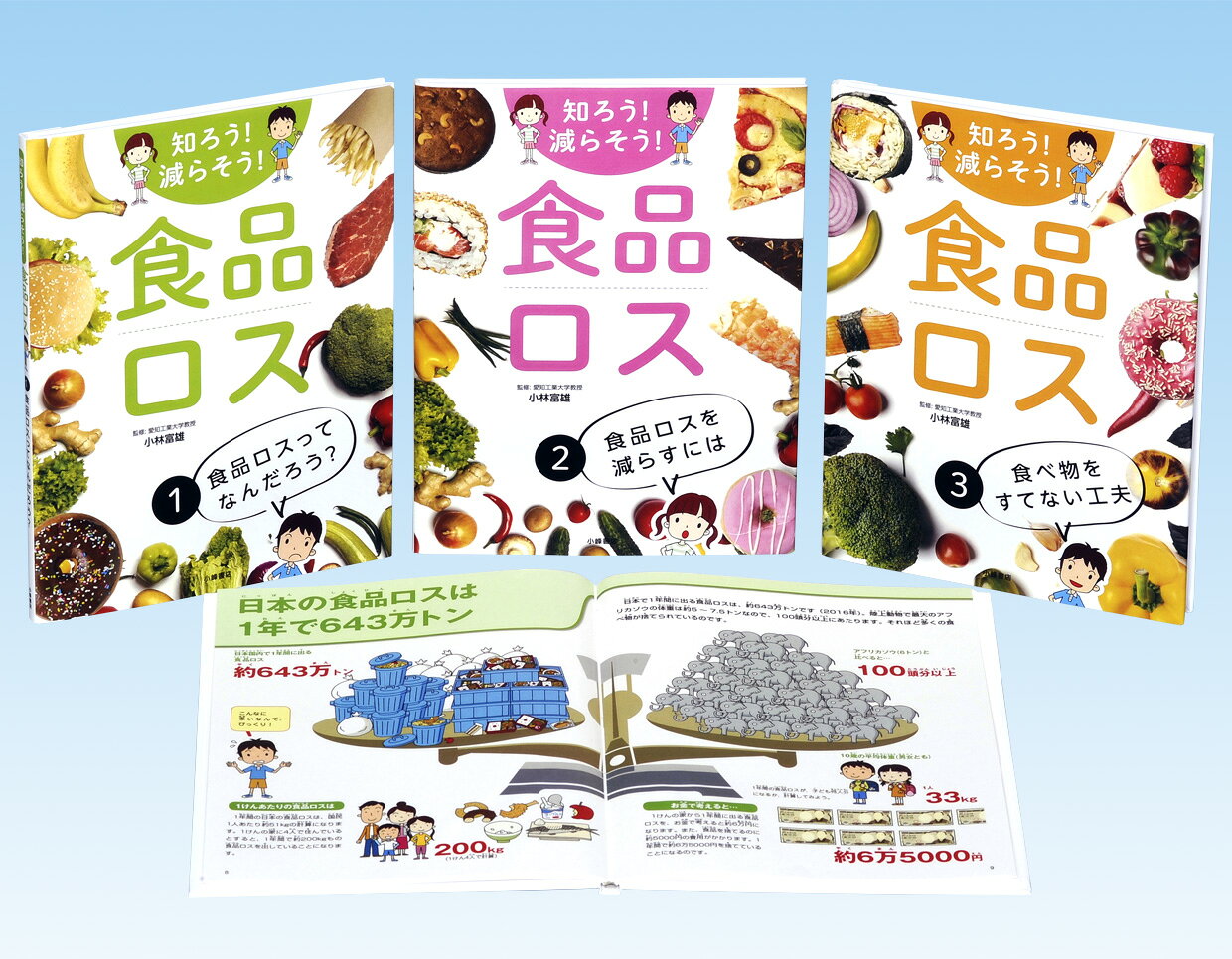 「食品ロス」とは、まだ食べられるのに捨てられる食品のこと。日本では、年間2,842万トンの食品廃棄物等が出されます。このうち、食品ロスは643万トン。国民一人当たりに換算すると“お茶わん約1杯分の食べもの”が、毎日捨てられていることになります。大切な資源の有効活用や環境への配慮から、食品ロスを減らすことが必要です。食品ロスを減らすための取り組みを紹介し、子どもたちにも出来ることを考えさせるシリーズ。

【セット内訳】
(1) 食品ロスってなんだろう？
(2) 食品ロスを減らすには
(3) 食べ物をすてない工夫