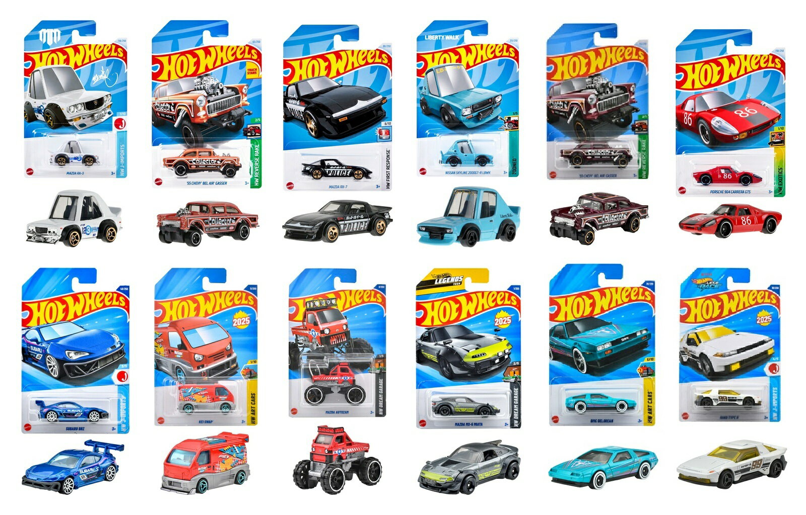 【セット商品】ホットウィール(Hot Wheels)ベーシックカー12種（マツダ RX-3+'55 シェビーベルエアギャッサー×2+マツダ RX-7+日産スカイライン2000GT-R+ポルシェ 904カレラGTS+スバルBRZ パンデム+ケイスワップ+オートザム+MX-5 ミアータ+DMCデロリアン+ハコ タイプD）