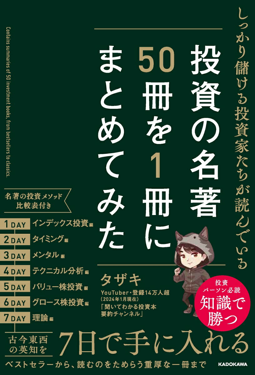 投資本要約YouTuberの第一人者が、古今東西の名著50冊を紹介。
ベストセラーから知られざる名著まで、そのエッセンスを解説していきます。
名著の投資メソッド比較表もついて、投資の知識が無理なく身に付くはず！

【1日目 インデックス投資編】
投資の大原則［第2版］
父が娘に伝える自由に生きるための30の投資の教え
敗者のゲーム［原著第8版］　　ほか

【2日目 タイミング編】
改訂版 金利を見れば投資はうまくいく
相場サイクルの見分け方［新装版］
市場サイクルを極める　　ほか

【3日目 メンタル編】
サイコロジー・オブ・マネー
行動ファイナンス入門 なぜ、「最適な戦略」が間違うのか？
マーケットの魔術師 エッセンシャル版　　ほか

【4日目 テクニカル分析編】
マーケットのテクニカル分析
新装版 私は株で200万ドル儲けた
ウォール街のモメンタムウォーカー　　ほか

【5日目 バリュー株投資編】
賢明なる投資家
千年投資の公理
ピーター・リンチの株で勝つ　　ほか

【6日目 グロース株投資編】
オニールの成長株発掘法［第4版］
ミネルヴィニの成長株投資法
株式投資で普通でない利益を得る　　ほか

【7日目 理論編】
［新版］金融の基本
「知識ゼロ」の人のための超ざっくり分かるファイナンス
マネーの公理　　ほか

※書籍名はサブタイトルなどを一部省略しているものがあります