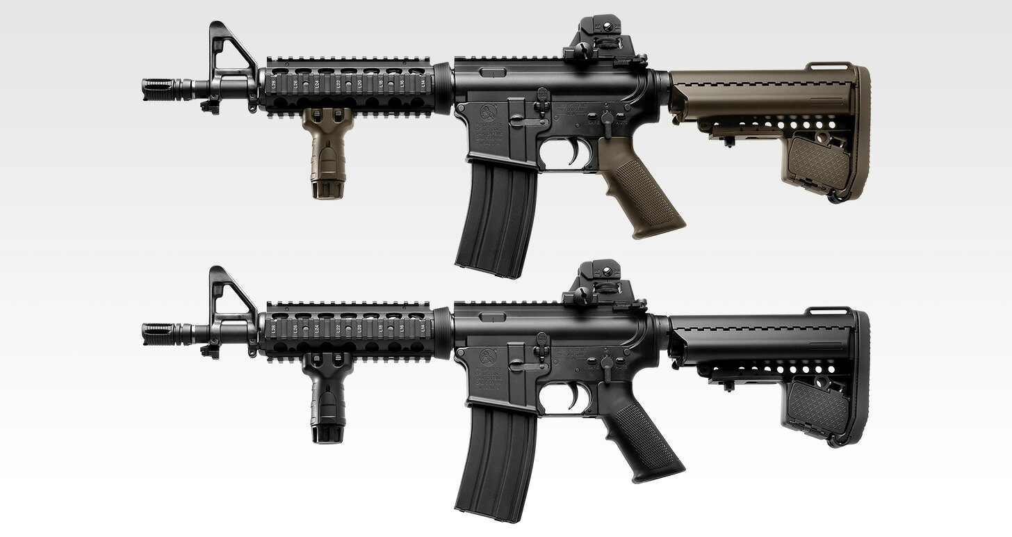 フレキシブルに進化する、新時代のM4ショーティ
要人警護や狭い室内での作戦を担当することが多くなったアメリカ海軍特殊部隊SEALs（シールズ）の求めによって、アサルトライフルよりも取り回しの良いカービンモデルの開発が進められました。
そうして生まれたのが、バレルごとアッパーレシーバーを交換してM4A1をショートモデル化するCQB-Rです。
CQB（=近接戦闘）向けにバレルの長さを10.3インチにまでカットし、ドットサイトの装着を前提にしたリアサイトを採用したモデルを、次世代電動ガンで完全再現。
ホンモノがもつ取り回しのよさはエアソフトガンの実用性をも向上させています。

コルトM4A1カービンは、アメリカ軍特殊部隊専用のモデルとして開発されました。
CQB（=近接戦闘）において突出した性能をほこるため、近年では空挺師団や海兵隊などに属する兵士にも大量に支給されており、アメリカ軍を代表する自動小銃へと急成長しています。
1990年代後半には、ハンドガードの4面をマウントレイル化したナイツ社のR.I.S.（=レイル・インターフェイスシステム）が登場。
これを期に光学機器やサイレンサー、フラッシュライトなどの新型モデルも続々と導入されています。
また、バレルに取り付け可能なグレネードランチャーも用意され、作戦の内容ごとにこれらのアクセサリーを選択・装着することで、ベースの銃を変更せずに様々な状況に対応が可能となりました。
M4A1がアフガン、イラクにおいて活躍したこともあり、レイルを配した小型で軽量なカービン銃を基盤に各種オプションパーツを取り付ける「モジュラーウェポンシステム」は各国でも採用されるところとなりました。
軍用銃のシステマチックな運用に成功したM4A1は、銃の歴史に名をとどめる大きな功績を残したのです。

製品特徴
シュート＆リコイルエンジン搭載
トリガーを引くことで発射と同時にボルトが作動し、さらに本体内部で発生した強烈な反動が全身に伝わります。
また、マガジンが空になると発射作動がストップするオートストップシステムを採用。
作動や操作性のリアリティを追求したモデルとなっています。

金属製R.A.S.を装備
ハンドガード上下左右の4面にマウントレイルを配したR.A.S.（レイル・アダプター・システム）を装備。
レイル部分にはホンモノ同様のナンバリングがプリントされています。

ヴォルタータイプ・ストック
ストックの長さを6段階に調整可能なストックを採用。
ストック内には専用にデザインしたSOPMODバッテリーが収納されます。

カラーは2色
プロフェッショナルな雰囲気を持つブラックと、砂漠地帯で迷彩効果を発揮するフラット・ダークアースの2色がラインナップ。

抜群の剛性を実現
R.A.S.の他にも、レシーバーやアウターバレル、バッファーチューブなど様々なパーツに金属素材を採用。
全長705mmという取り回しのよさに加え、ゲームユースにも安心の剛性を実現しています。

調整可能なフロント/リアサイト
付属のアジャストツールでフロントサイトの上下を調整可能。
またリアサイトは上下と左右をそれぞれダイヤル操作で細かく調整することができます。

各種マズルオプションに対応
銃口のコンペンセイターを取り外せば、サイレンサーなど14mm逆ネジ仕様のマズルオプションを取り付けることができます。

スチールプレス製マガジン
装弾数82発、ホンモノ同様のスチールプレス製アウターケースを採用したマガジンが付属します。
※電動ガン スタンダードタイプとはマガジンの互換性がありません。

基本情報
■シュート＆リコイルエンジン搭載
■オートストップシステム 搭載
■可変ホップアップシステム 搭載
■フルオート（連発）/ セミオート（単発）切替え式
全長	705 mm / 780 mm（ストック伸長時）
銃身長	275 mm
重量	3,370 g（空マガジン、バッテリー含む）
弾丸	6mm BB（0.2?0.28g）
動力源	8.4Vニッケル水素1300mAh SOPMODバッテリー（※1）
装弾数	82 発
型名	CQB-R
種類	アサルトライフル
※1：バッテリーの充電には、8.4Vニッケル水素バッテリー専用の充電器をご使用ください。

パッケージ内容
CQB-R本体、マガジン（装弾数82発）、保護キャップ、フロントサイト・アジャストツール、取扱い注意・説明書、補足説明書、専用コネクター、チャージャー、チャージングロッド、クリーニングロッド、BB弾（0.2g/200発）、他

パッケージサイズ
横860 x 縦290 x 厚100 mm【対象年齢】：18歳以上