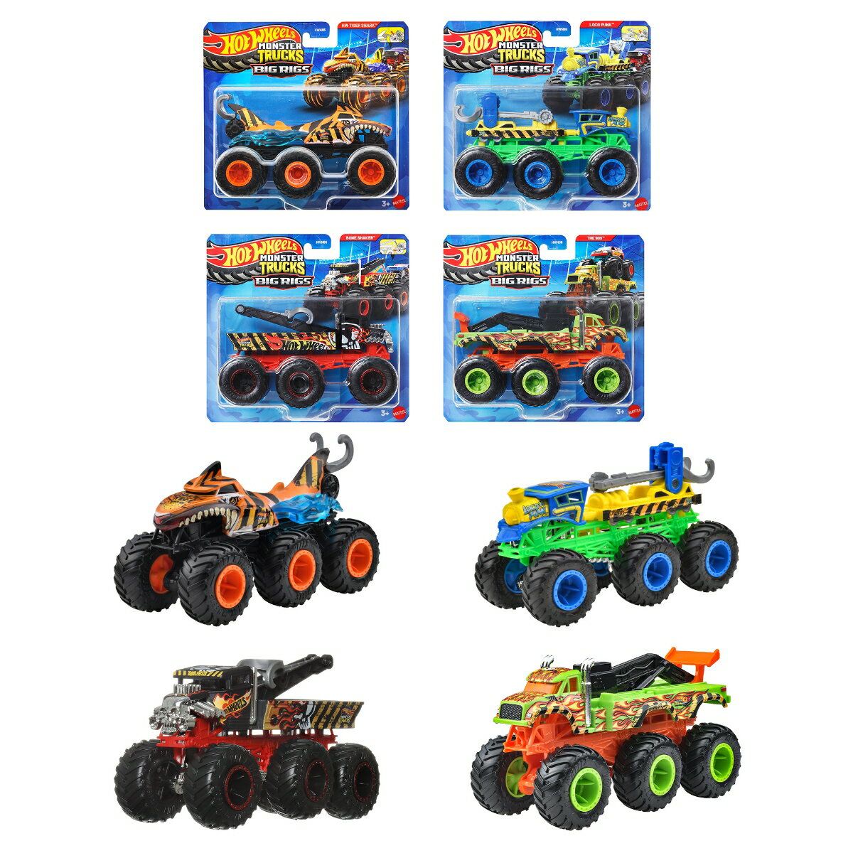 【内容】モンスタートラックを2通りで運べる6車輪のモンスタートラックが登場！モンスタートラックを上に載せたり、引っ張ったりして運ぶことができます。「The 909」が新金型で登場です。
【内訳】タイガー・シャーク(HW Tiger Shark&trade;)x1、ボーン・シェイカー(Bone Shaker&trade;)x1、ロコ・パンク(Loco Punk&trade;)x1、The 909(The 909&trade;)x1、合計4点
【原産国】タイ 【対象年齢】3歳〜
【BOX入り】BOX販売のため、専用の段ボールに入っています。専用段ボールは商品がピッタリ収まるため、大切なコレクションを保管するのに最適です。
【Brandについて】カリフォルニア生まれ 1秒間に16台売れているミニカー。
【ホットウィール】Hot Wheels＝「かっこいい車！」独特な南カルフォルニア風の外観、高速に動くホイール、（当時の最新技術！）そして 赤いラインの入ったタイヤ。現在、世界で一番売れているミニカーです*。*Circana/Retail Tracking Service/G12/JAN-DEC 2023/Total Toys/Projected Units
【プレゼントに最適】お誕生日、クリスマスプレゼント、入園・入学祝いなど記念日でのプレゼントにぴったりです。【対象年齢】：3歳以上【商品サイズ (cm)】(幅×高さ×奥行）：17.8×16.5×7