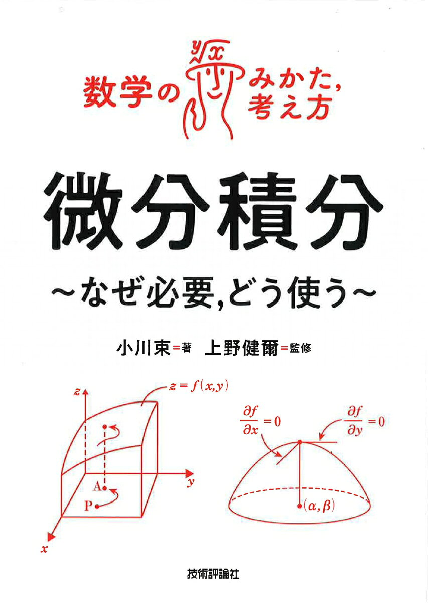 微分積分は，文系・理系問わず必要な数学科目の1つです．本書は，なぜ必要なのか，どう使うのか？といった観点から微分積分を丁寧に解説していきます．皆さんが解いた経験があるであろう問題を多く取り上げながら，どうやって解いてきたのか、どうしてそのように解くのかを見ていきます．例題や練習問題を通して，定理や公式，微分積分の考え方が自然と身に付きます．
目次

はじめに

第1章　関数
　1.1 関数
　1.2 逆関数
　1.3 指数関数
　1.4 対数関数
　1.5 三角関数と逆三角関数

第2章　1変数関数の微分
　2.1 極限値
　2.2 連続関数
　2.3 接線
　2.4 微分可能性
　2.5 導関数
　2.6 導関数の一般公式
　2.7 合成関数の導関数
　2.8 指数関数の導関数
　2.9 三角関数の極限
　2.10 三角関数の導関数
　2.11 逆関数の導関数
　2.12 対数関数の導関数
　2.13 逆三角関数の導関数
　2.14 関数の増減とグラフ
　2.15 関数の凹凸とグラフ
　2.16 微分方程式
　2.17 導関数が0になる関数

第3章　1変数関数の積分
　3.1 不定積分の定義
　3.2 不定積分の公式
　3.3 定積分の定義と公式
　3.4 定積分と面積
　3.5 区分求積法
　3.6 部分積分法
　3.7 置換積分法
　3.8 広義積分
　3.9 テイラーの定理
　3.10 マクローリンの定理
　3.11 変数分離形の微分方程式の解法
　3.12 1階線形微分方程式
　3.13 1階線形微分方程式の別解

第4章　2変数関数の微分
　4.1 2変数関数
　4.2 極限と連続性
　4.3 偏導関数
　4.4 2次関数の最大，最小
 4.5 高階の偏導関数
 4.6 合成関数の微分法
 4.7 テイラーの定理
 4.8 2変数関数の極大値，極小値

第5章 2変数関数の積分
 5.1 重積分の定義
 5.2 重積分の計算
 5.3 置換積分

第6章　微積分の基礎
　6.1 数列の極限
　6.2 関数の極限値
　6.3 連続関数

これからの学び方
おわりに
索引

例目次
pH（1）
pH（2）
核壊変（1）
核壊変（2）
核壊変（3）
核壊変（4）
核壊変（5）
正規分布（1）
正規分布（2）
正規分布（3）
正規分布（4）
ロジスティック曲線（1）
ロジスティック曲線（2）
ロジスティック曲線（3）
ロジスティック曲線（4）
マグニチュード
年代測定（1）
年代測定（2）
ベンフォードの法則
交流
感染症の数理モデル：SIR モデル