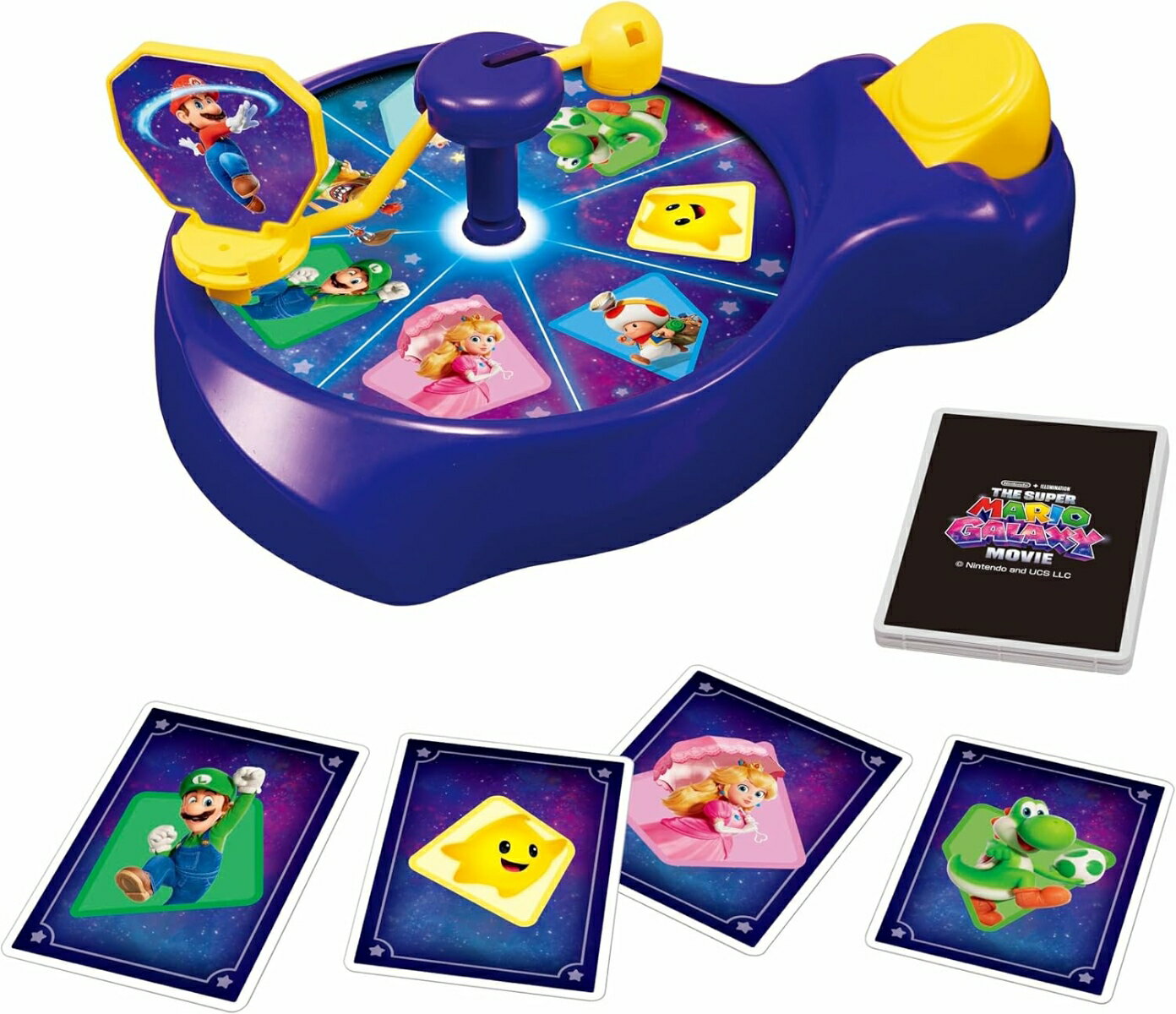 カードを選びルーレットのボタンを押します。 ボタンを離すとマリオとホイールが停止します。
カードと同じアイテムの目の上にマリオを止められればそのアイテムを入手できます。
3枚のカードを取ったプレイヤーの勝ちです。
【セット内容】
本体×1、キャラクターコマ×1、アイテムカード×12、シール×1【対象年齢】：4歳以上【商品サイズ (cm)】(幅×高さ×奥行）：7×21×19