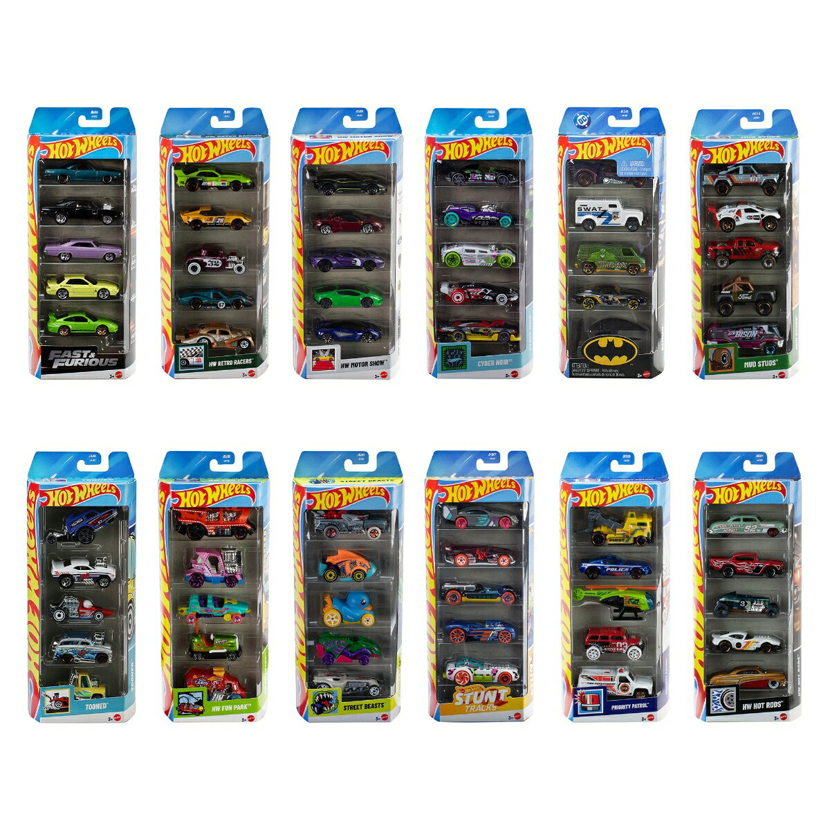 【内容】人気のホットウィール ベーシックカーがランダムに5台入ったお得なパック！スポーツカーやレーシングカーなど、様々なテーマで展開されたミニカーをまとめて楽しめるため、コレクションにもプレゼントにもおすすめです。
本商品は1:64スケールのミニカー5台パック×12種のBOX販売セットです。ケース単位で5台パック全12種が揃うコンプリートセットで、合計60台を一度にコレクションできます。
各5台パックはテーマ固定ですが、パック内の車種はテーマに基づくアソート仕様となります。コレクション用途はもちろん、イベント用・景品・ギフト用にもおすすめです。
【内訳】トゥーンド ( Tooned&trade; / JBJ85 ）、ホットウィール レトロ・レーサーズ ( HW Retro Racers&trade; / JBJ86 ）、ストリート ビースト ( Street Beasts&trade; / JBJ90 ）、ホットウィール ファンパーク ( HW Fun Park&trade; / JBJ88 ）、ホットウィール モーターショー ( HW Motor Show&trade; / JBJ89 ）、ワイルド・スピード ( Fast And Furious / JBJ80 ）、サイバー ノワール ( CYBER Noir&trade; / JKG06 ）、スタント トラック ( STUNT TRACKS&trade; / JKG07 ）、バットマン ( BATMAN&trade; / JKG08 ）、プライオリティ・パトロール ( Priority Patrol&trade; / JKG09 ）、マッド・スタッズ ( Mud Studs&trade; / JKG10 ）、ホットロッド ( HW HOT RODS&trade; / JKG11 ）、合計12パック
【原産国】インドネシア【対象年齢】3歳〜
【BOX入り】BOX販売のため、専用の段ボールに入っています。専用段ボールは商品がピッタリ収まるため、大切なコレクションを保管するのに最適です。
【Brandについて】カリフォルニア生まれ 1秒間に16台売れているミニカー。
【ホットウィール】Hot Wheels＝「かっこいい車！」独特な南カルフォルニア風の外観、高速に動くホイール、（当時の最新技術！）そして 赤いラインの入ったタイヤ。現在、世界で一番売れているミニカーです*。*Circana/Retail Tracking Service/G12/JAN-DEC 2023/Total Toys/Projected Units
【プレゼントに最適】お誕生日、クリスマスプレゼント、入園・入学祝いなど記念日でのプレゼントにぴったりです。【対象年齢】：3歳以上【商品サイズ (cm)】(幅×高さ×奥行）：11×27×4