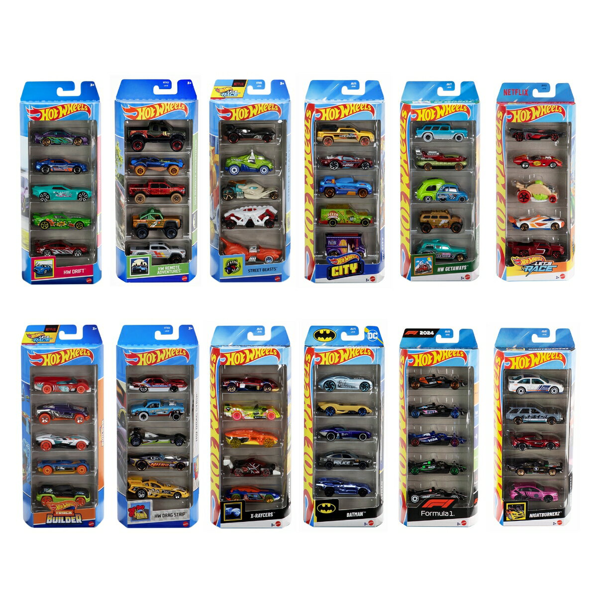 【内容】人気のホットウィール ベーシックカーがランダムに5台入ったお得なパック！スポーツカーやレーシングカーなど、様々なテーマで展開されたミニカーをまとめて楽しめるため、コレクションにもプレゼントにもおすすめです。
本商品は1:64スケールのミニカー5台パック×12種のBOX販売セットです。ケース単位で5台パック全12種が揃うコンプリートセットで、合計60台を一度にコレクションできます。
各5台パックはテーマ固定ですが、パック内の車種はテーマに基づくアソート仕様となります。コレクション用途はもちろん、イベント用・景品・ギフト用にもおすすめです。
【内訳】HW Drift&trade; （ HTV51 ）、HW Track Builder&trade; （ HTV52 ）、HW Remote Adventures&trade; （ HTV53 ）、HW Drag Strip&trade; （ HTV54 ）、Street Beasts&trade; （ HTV55 ）、X-Raycers&trade; （ JBJ74 ）、HW City&trade; （ JBJ75 ）、Batman&trade; （ JBJ76 ）、HW Getaways&trade; （ JBJ77 ）、Nightburnerz&trade; （ JBJ87 ）、HW Let's Race&trade; （ JBJ79 ）、Formula 1&reg; （ JBJ78 ）、合計12パック
【原産国】インドネシア【対象年齢】3歳〜
【BOX入り】BOX販売のため、専用の段ボールに入っています。専用段ボールは商品がピッタリ収まるため、大切なコレクションを保管するのに最適です。
【Brandについて】カリフォルニア生まれ 1秒間に16台売れているミニカー。
【ホットウィール】Hot Wheels＝「かっこいい車！」独特な南カルフォルニア風の外観、高速に動くホイール、（当時の最新技術！）そして 赤いラインの入ったタイヤ。現在、世界で一番売れているミニカーです*。*Circana/Retail Tracking Service/G12/JAN-DEC 2023/Total Toys/Projected Units
【プレゼントに最適】お誕生日、クリスマスプレゼント、入園・入学祝いなど記念日でのプレゼントにぴったりです。【対象年齢】：3歳以上【商品サイズ (cm)】(幅×高さ×奥行）：11×27×4
