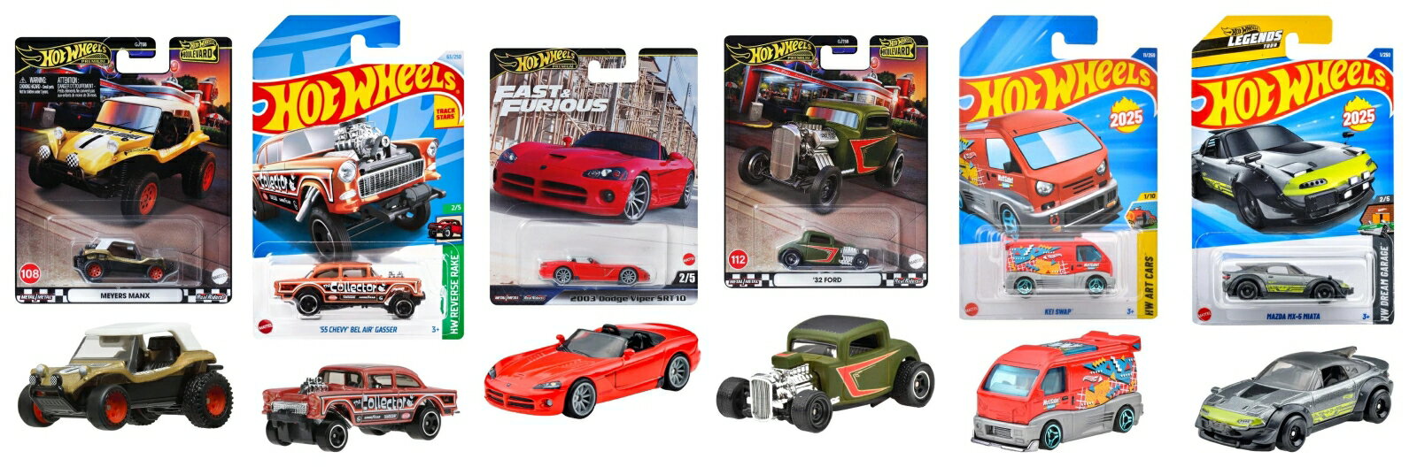 【セット商品】ホットウィール(Hot Wheels) 6種（ブルーバード：'32 フォード+メイヤーズ・マンクス、ベーシックカー：ケイスワップ+'55 シェビー ベルエア ギャッサー+マツダ MX-5 ミアータ、ワイルド・スピード '03 ダッジバイパー SRT10）乗り物ミニカー 3歳から