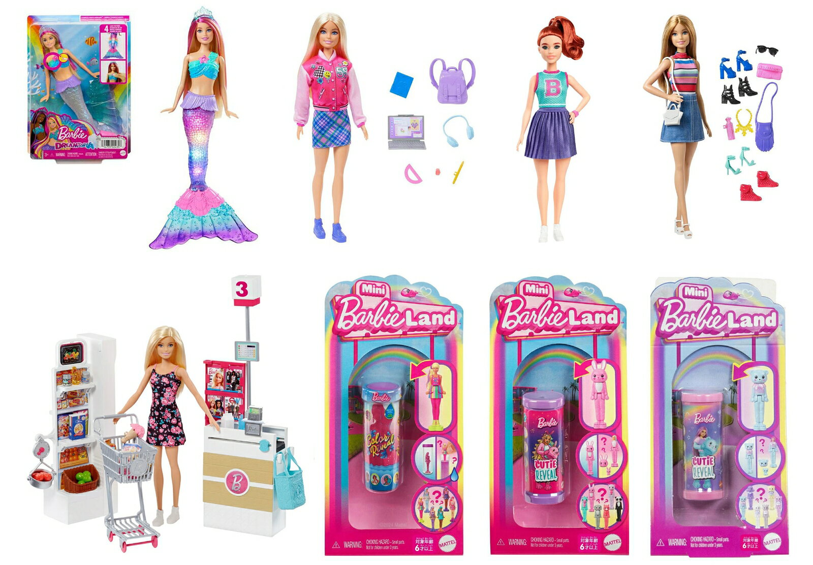 【セット商品】バービー(Barbie) 8種（みずのなかでもあそべる！キラキラマーメイド＋ ドール＆ファッション2種＋ミニバービーランド3種＋ファッショニスタ＋バービーとおしごと！スーパーマーケットのおかいものセット）