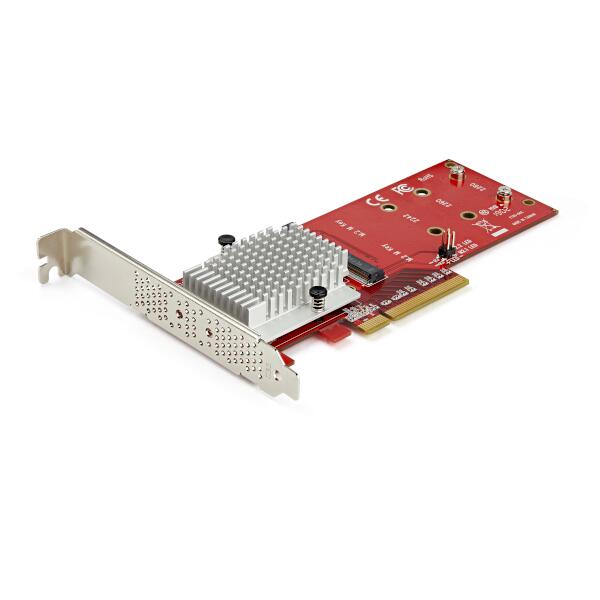 デュアルM.2 PCI Express （PCIe）SSDアダプタ。デスクトップPC／サーバーのPCIeスロット（8レーン以上）にエンタープライズ級の高性能PCIe 3.0 M.2 SSD（NVMeとAHCI）2台を追加し、システム速度と性能をアップグレードします。

【システム性能の向上】
この拡張カードは、PCIe 内蔵タイプM.2 SSDのコンパクトなサイズと高速性能をフルに活用できるソリューションです。ストレージ容量を増やし、高いデータ転送レートで速度性能を大きく改善します。

【2台のM.2 PCIe SSDに同時アクセス】
カードに搭載の高速ASM2824スイッチにより、2台のドライブに同時アクセスが可能です。PCIe分岐に依存しないデュアルM.2拡張カードは、新旧さまざまなシステムに取り入れることができます。

また、2台のM.2 SSDに個別にアクセスできる柔軟性も備えています。あるいは、ソフトウエアRAIDを活用してRAIDアレイを構築し、冗長性の確保やシステム性能の向上に役立てることができます。

【幅広いシステム互換性】
このアダプタは、コンピュータのマザーボードに直接接続し、x8 PCIe拡張スロットを介して2台のM.2 SSDを追加します。PCIe 3.0マザーボードに対応し、PCIe 1.0／2.0との下位互換性も備えています。

【PCIe M.2 SSD各種をサポート】
このPCIe M.2 NGFF（M Key）アダプタは、2242／2260／2280の3種類のドライブサイズ（長さ42mm／ 60mm／80 mm）をサポートし、M.2のフォームファクタを有するPCIe 3.0 NVMe SSDとPCIe AHCI SSDに対応しています。

【手軽に導入できる拡張カード】
拡張カードはフルプロファイルのブラケットを装着した状態で提供されます。ハーフハイト／ロープロファイルのブラケットも付属しており、薄型（SFF）コンピュータで使用することも可能です。

【通気性に優れたブラケット】
アダプタカードのブラケットは通気性に優れ、放熱を促進します。

StarTech.comでは、本製品に2年間保証と無期限無料技術サポートを提供しています。