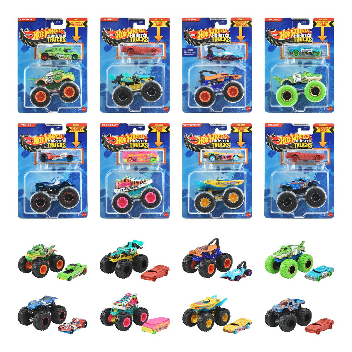 ホットウィール(Hot Wheels)　モンスタートラック + ダイキャストカー アソートメント 乗り物おもちゃ ミニカー 8セット 計16台入り BOX販売 3歳から マルチ GRH81-986T