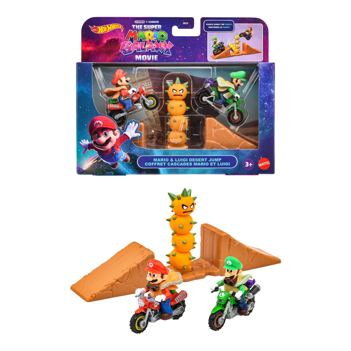 『ザ・スーパーマリオギャラクシー・ムービー』のアクションシーンを再現できるセット。
バイクに乗ったマリオとルイージに加え、倒して遊べるサボテンの敵キャラクター「サンボ」のフィギュアが付いたジャンプ台アクセサリーがセットになっています。
映画に登場する衣装を身に着けたマリオとルイージがバイクに乗り、砂漠をイメージしたジャンプ台でスタントに挑戦。
ジャンプしながらサンボを倒す、映画のシーンを再現して楽しめます。
各ダイキャスト製バイクは1:64スケールで、タイヤがスムーズに回転するため、自由に走らせながらストーリーを作って遊べます。
&copy; Nintendo and Universal City Studios LLC. All Rights Reserved.
【原産国】タイ
【対象年齢】3歳から
【プレゼントに最適】お誕生日、クリスマスプレゼント、入園・入学祝いなど記念日でのプレゼントにぴったりです。
【ホットウィール】Hot Wheels＝「かっこいい車！」独特な南カルフォルニア風の外観、高速に動くホイール、（当時の最新技術！）そして 赤いラインの入ったタイヤ。
現在、世界で一番売れているミニカーです*。
*Circana/Retail Tracking Service/G12/JAN-DEC 2023/Total Toys/Projected Units【対象年齢】：3歳以上【商品サイズ (cm)】(幅×高さ×奥行）：20.3×16.5×4.1