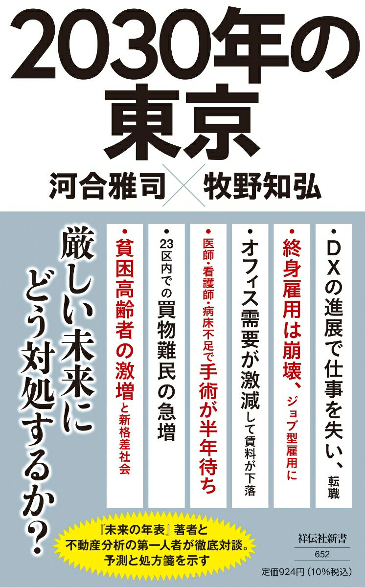 ２０３０年、東京は本格的な人口減少時代を迎え、いっそうの高齢化が予想される。社会は激変し、街の風景は一変するだろう。２３区内で買物難民が発生したり、手術が半年待ちになったりするかもしれない。ＤＸの進展で職を失う人の増加も懸念される。そんな近未来を、「仕事」「家族」「街、住まい」「暮らし」「老後」に分けて可視化したのが、本書である。