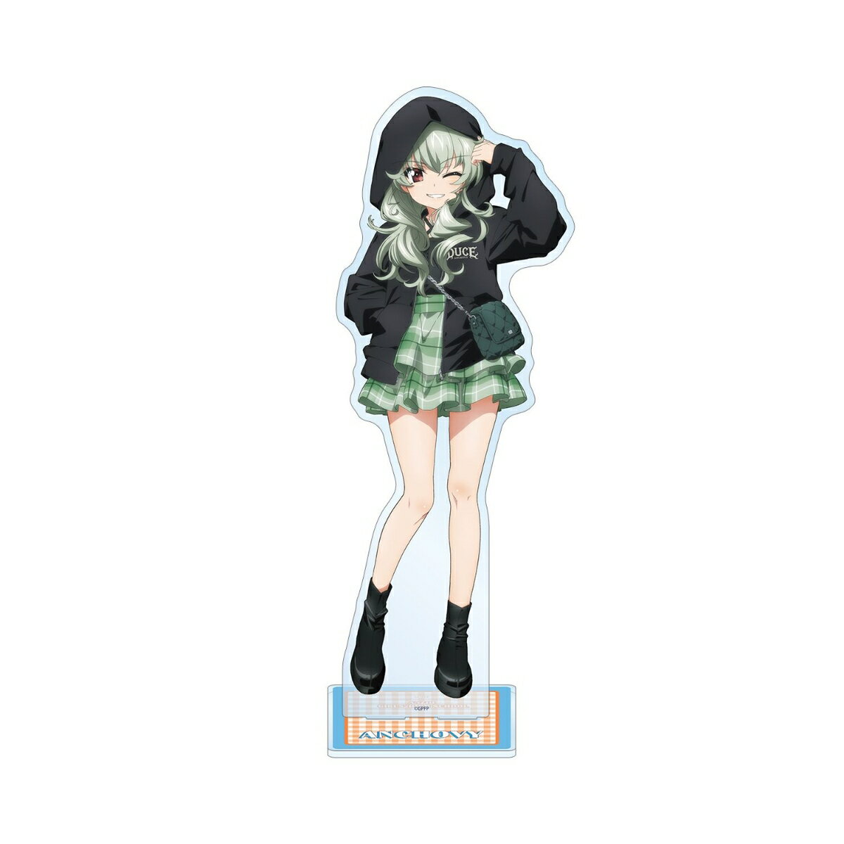 『ガールズ＆パンツァー 最終章』より、特大アクリルスタンドの登場です。
アンチョビの描き下ろしイラストを特大サイズのアクリルスタンドに仕上げました。
お部屋やデスクまわりなどに飾って、キャラクターとの日常をお楽しみください。

素材：アクリル
本体：（約）27.2×10.1cm
台座：（約）8×8cm
厚み：3mm
※製造・梱包過程において、細かい傷が生じる可能性がございますこと、ご了承ください。