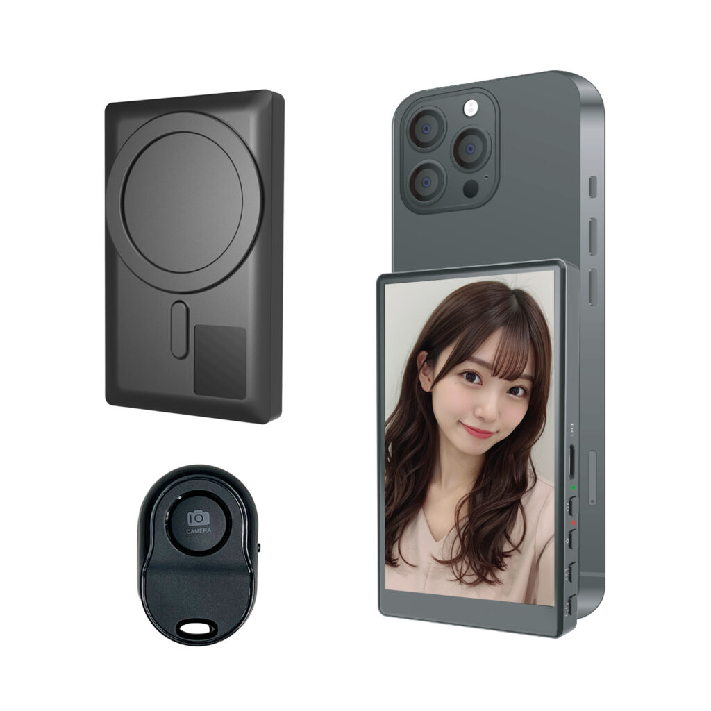 Camee（キャミー）は、Camera（カメラ）とMe（わたし）を掛け合わせた造語。
「わたしを可愛く撮る」という想いから生まれた撮影サポートアイテムです。
スマホの外カメラ映像を手元のモニターで確認できるから、表情や構図をチェックしながら、理想の1枚をしっかり残せます。軽量で持ち運びやすく、Type-C充電にも対応。ちょっと離れた位置からでも、自然に撮影できる便利な機能も搭載しています。旅行、自撮り、カフェタイム、推し活など、毎日の“盛れ瞬間”をもっとキレイに、もっと自由に。