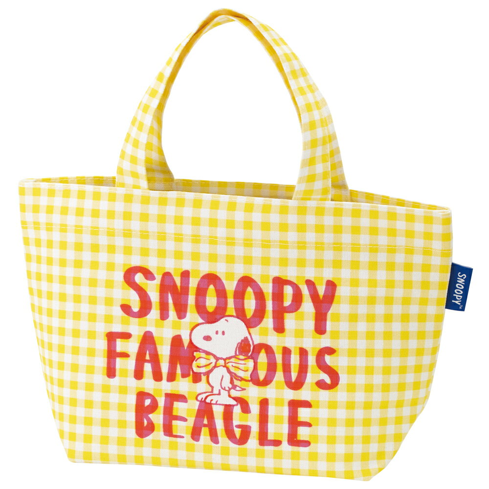 SNOOPY スヌーピー チェック ロゴ イエロー　ランチバッグ 帆布 トート バッグ