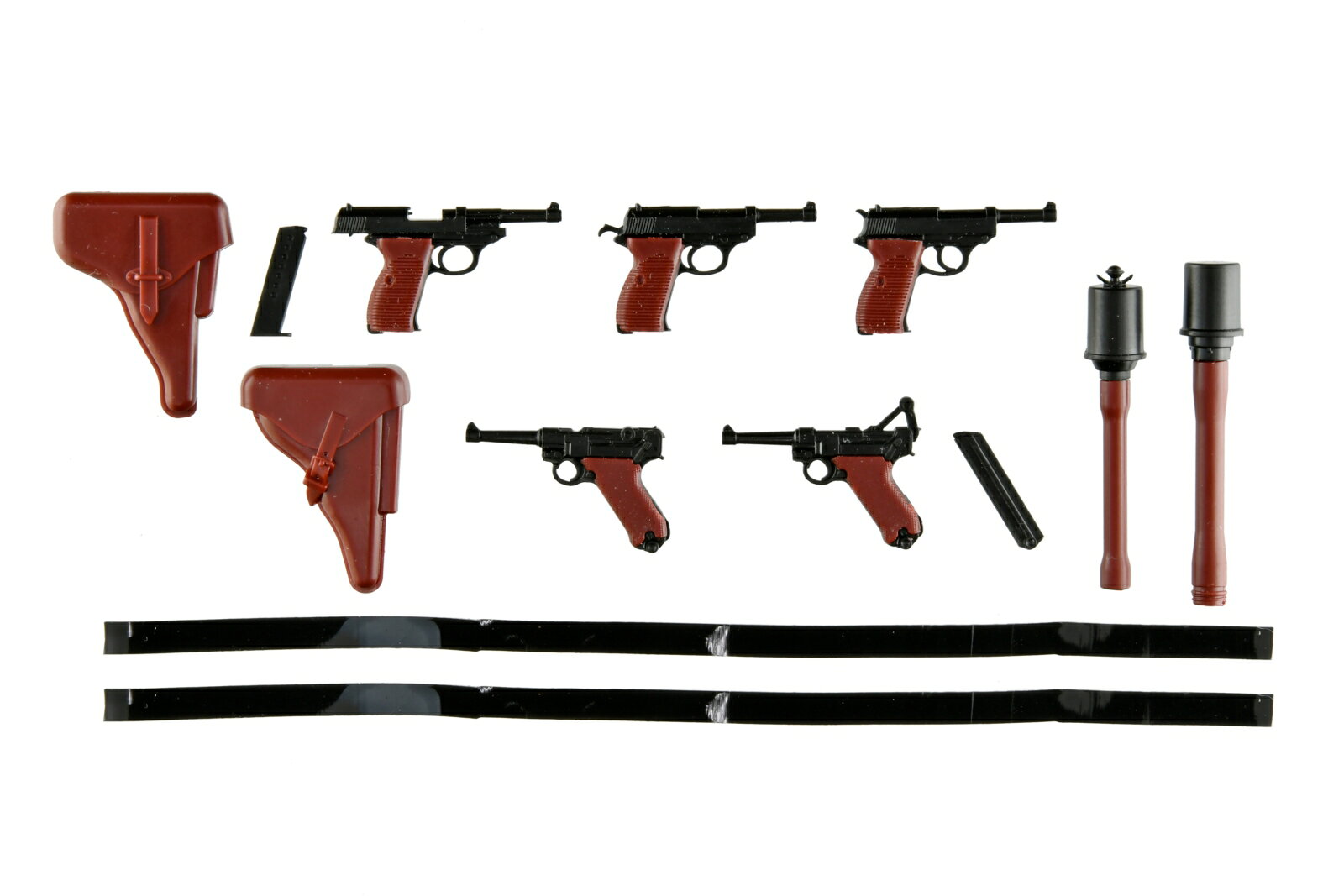 ルガーP08は、1908年にドイツ軍で制式化された拳銃。
自動拳銃黎明期を象徴する傑作機で、現代の世界標準弾である9mmパラベラム弾を最初に使ったモデルでもある。
P38は、1938年にドイツ軍が採用したルガーの後継機。
DA/SAトリガー、デコッキングシステムなどの現代の自動拳銃が備える要素をいち早く取り入れた革新的なモデル。

リトルアーモリーは、拳銃史のマスターピースであるこの2機種を極小サイズで徹底再現！
スライド後退、トグルアップ状態など形状別の拳銃5挺に加え、専用ホルスター、同時期に使われた柄付手榴弾2種も付属。

※写真は全て試作品です。商品と異なる場合があります。
※商品の仕様は予告無く変更される場合があります。【対象年齢】：