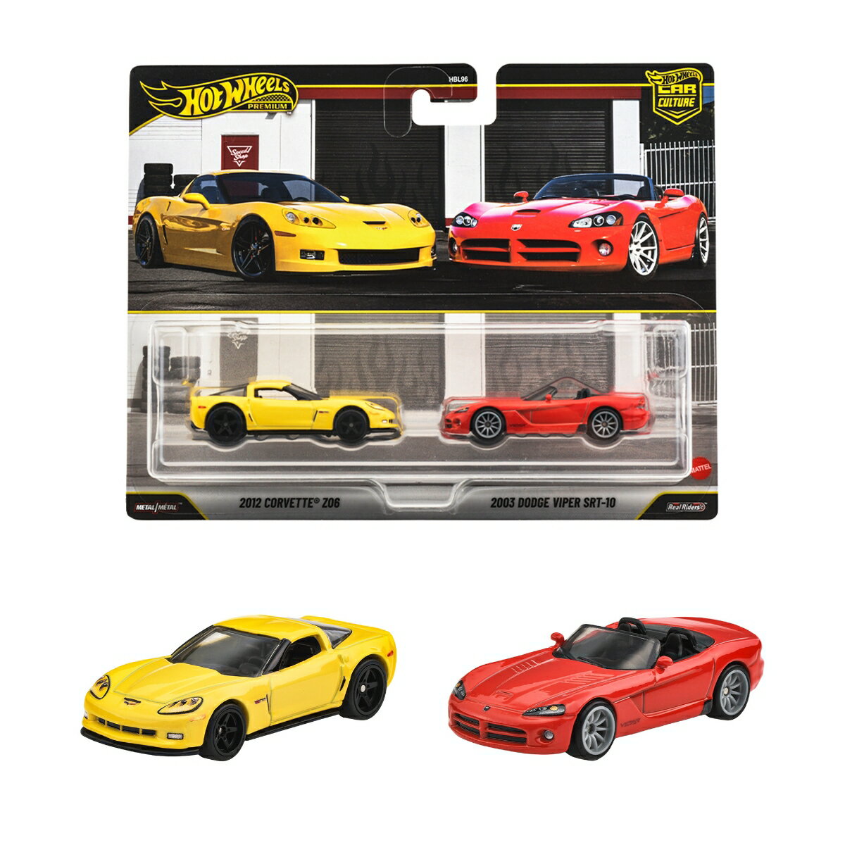 ホットウィール(Hot Wheels)　プレミアム2パック 2012 コルベット Z06 / 2003 ダッジバイパー SRT-10 乗り物おもちゃ ミニカー 3歳から イエロー / レッド JHW54