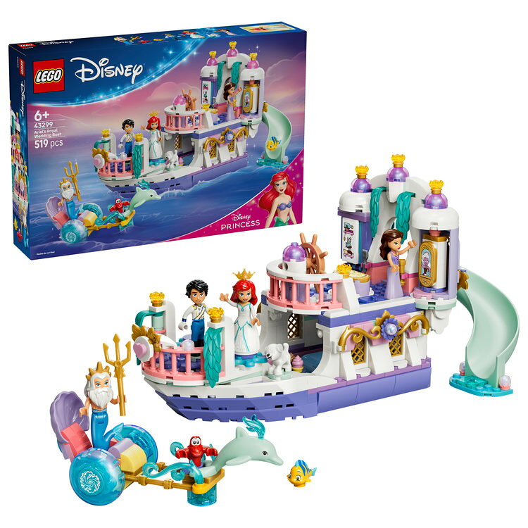 ・ ディズニープリンセスのプレイセット - アリエルのロイヤルウェディングボート（43299）は、お子さまの想像力と創造性を育むギミックが満載です
・ 映画のキャラクター7体 - アリエル、エリック、トライデントを持つトリトン王、ヴァネッサに化けたアースラ、マックス、セバスチャン、フランダーがお話づくりを盛り上げます
・ クリエイティブに遊べる仕掛け - 船の舵を回して取り外せ甲板、ベッドカバーを動かすと収納スペースが見つかる船室や、船首の回転ダンスフロアなど、楽しい仕掛けがいっぱいです
・ 想像力を引き出すアクセサリー - 銀食器、燭台、望遠鏡、宝石入りの宝箱、人魚姿のアリエルなどがお子さまの想像力を刺激します
・ プリンセスファンにおすすめ - 『リトル・マーメイド』やディズニーの世界が大好きな6才以上のお子さまが目を輝かせるギフトです
・ 創造を広げてもっと楽しく - おうちにあるレゴ ｜ ディズニー シリーズのおもちゃと組み合わせて楽しく遊べます
・ 頼もしい助っ人 - LEGO Builderアプリはご家庭にあるセットのデジタルカタログ作りができるほか、デジタル版組み立て説明書に従って立体表示されるモデルを拡大・回転して確認しながら作業を進めて進行状況を保存でき、新しいライフスキルの習得にも役立ちます
・ サイズ -（約）高さ15cm x 長さ28cm x 幅14cm／ピース数：519
・ レゴデュプロ以外の製品には、小さな部品が入っています。間違って飲み込む危険がありますので、4才未満のお子さまには遊ばせないでください。【対象年齢】：6歳以上【商品サイズ (cm)】(幅×高さ×奥行）：26.2×7.05×38.2