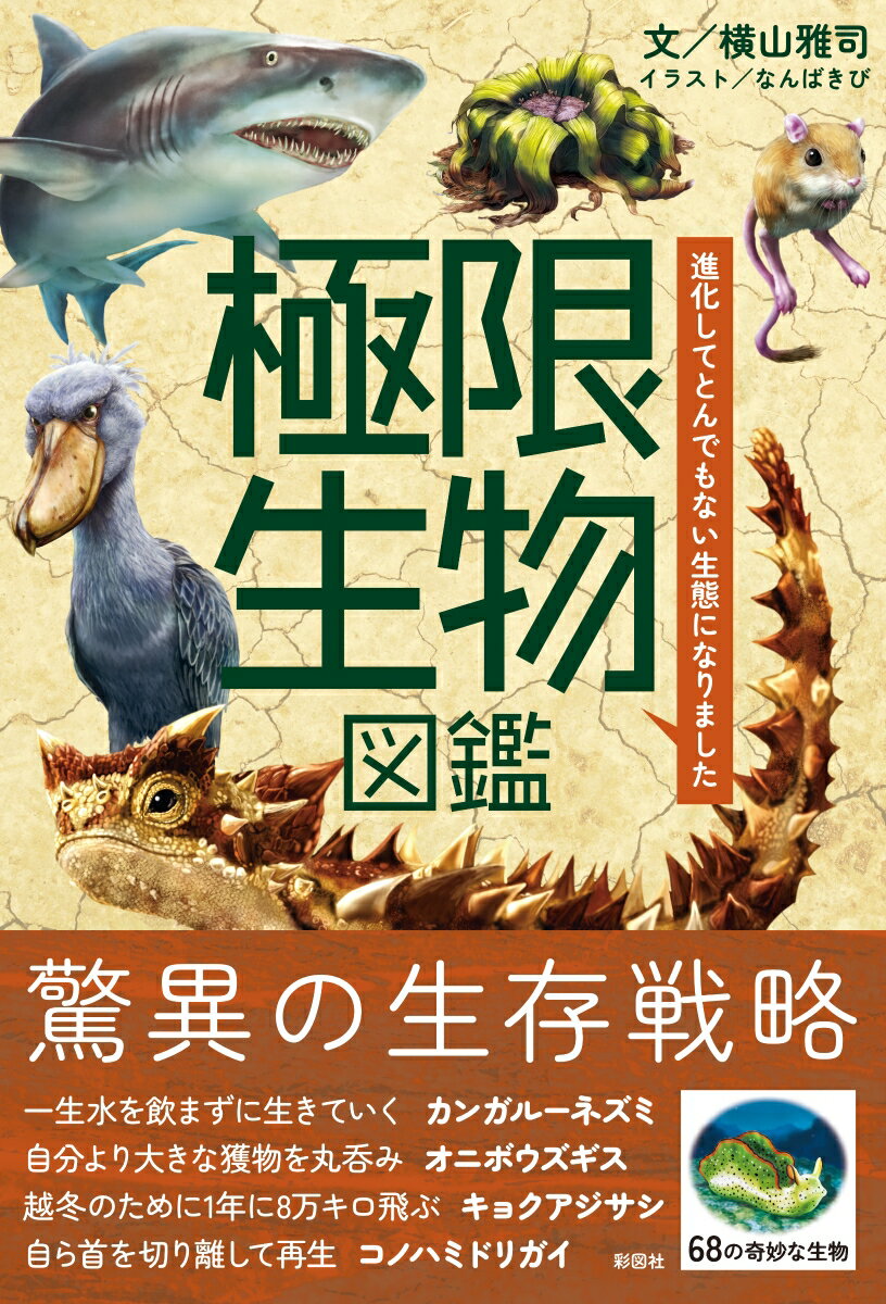 驚異の生存戦略。一生水を飲まずに生きていく、カンガルーネズミ。自分より大きな獲物を丸呑み、オニボウズギス。越冬のために１年に８万キロ飛ぶ、キョクアジサシ。自ら首を切り離して再生、コノハミドリガイ。６８の奇妙な生物。