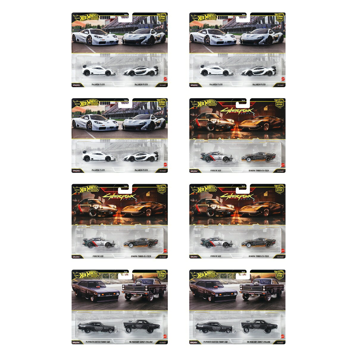ホットウィール プレミアム カーカルチャー 2パック アソート」は、各車両の細部にまでこだわった大人のコレクター向けシリーズです。
セットに含まれる各ダイキャストカーは1:64スケールで、Real Riders&trade;タイヤ（ゴム製タイヤ）とMetal/Metal&trade;（金属製ボディ＆金属製シャシー）仕様を採用。
実車をイメージした細部までこだわったデコレーションが施されています。
【内訳】マクラーレン F1 GTR(McLaren F1 GTR)／マクラーレン P1 GTR(McLaren P1 GTR)×3、プリマス ダスター ファニーカー(Plymouth Duster Funny Car)／'65 マーキュリー コメット サイクロン('65 Mercury Comet Cyclone)×2、ポルシェ 930(Porsche 930)／クアドラ ターボーR V-テック(Quadra Turbo-R V-Tech)×3、合計8点
【原産国】タイ
【対象年齢】3歳から
【BOX入り】BOX販売のため、専用の段ボールに入っています。
専用段ボールは商品がピッタリ収まるため、大切なコレクションを保管するのに最適です。
※商品梱包用・出荷用のラベル等を貼付した状態でのお届けとなります。
【プレゼントに最適】お誕生日、クリスマスプレゼント、入園・入学祝いなど記念日でのプレゼントにぴったりです。
【ホットウィール】Hot Wheels＝「かっこいい車！」独特な南カルフォルニア風の外観、高速に動くホイール、（当時の最新技術！）そして 赤いラインの入ったタイヤ。
現在、世界で一番売れているミニカーです*。
*Circana/Retail Tracking Service/G12/JAN-DEC 2023/Total Toys/Projected Units【対象年齢】：14歳以上【商品サイズ (cm)】(幅×高さ×奥行）：21.3×16.5×4.3