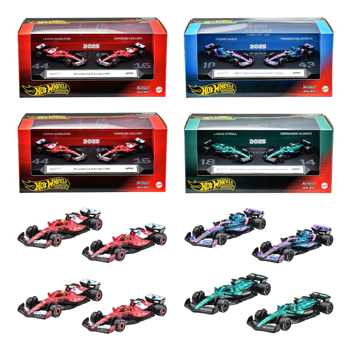 「ホットウィール プレミアム レース 2パックアソート」は、1:64スケールのレーシングカー2台をセットにしたコレクションです。
各ダイキャストカーは、実在のレーシングカーを再現したレーシングリバリーを採用。
フロントウイングやサイドポッド、ドライバーのヘルメットまで細かく表現されています。
Real Riders&trade;タイヤ（ゴム製タイヤ）とMetal/Metal&trade;（金属製ボディ＆金属製シャシー）仕様を採用し、専用パッケージとディスプレイ台座が付属します。
2025年シーズンのF1チームとドライバーをテーマにした2台セットです。
【内訳】BWT アルピーヌ フォーミュラ1 チーム（ピエール・ガスリー #10／フランコ・コラピント #43）(BWT Alpine Formula One&trade; Team (Pierre Gasly #10 / Franco Colapinto #43))×1パック、スクーデリア・フェラーリ HP（ルイス・ハミルトン #44／シャルル・ルクレール #16）(Scuderia Ferrari HP (Lewis Hamilton #44 / Charles Leclerc #16))×2、アストンマーティン アラムコ フォーミュラ1 チーム（ランス・ストロール #18／フェルナンド・アロンソ #14）(Aston Martin Aramco Formula One&trade; Team (Lance Stroll #18 / Fernando Alonso #14))×1、合計4点
【原産国】タイ
【対象年齢】14歳から
【BOX入り】BOX販売のため、専用の段ボールに入っています。
専用段ボールは商品がピッタリ収まるため、大切なコレクションを保管するのに最適です。
※商品梱包用・出荷用のラベル等を貼付した状態でのお届けとなります。
【プレゼントに最適】お誕生日、クリスマスプレゼント、入園・入学祝いなど記念日でのプレゼントにぴったりです。
【ホットウィール】Hot Wheels＝「かっこいい車！」独特な南カルフォルニア風の外観、高速に動くホイール、（当時の最新技術！）そして 赤いラインの入ったタイヤ。
現在、世界で一番売れているミニカーです*。
*Circana/Retail Tracking Service/G12/JAN-DEC 2023/Total Toys/Projected Units【対象年齢】：3歳以上【商品サイズ (cm)】(幅×高さ×奥行）：21.5×9.5×10.7
