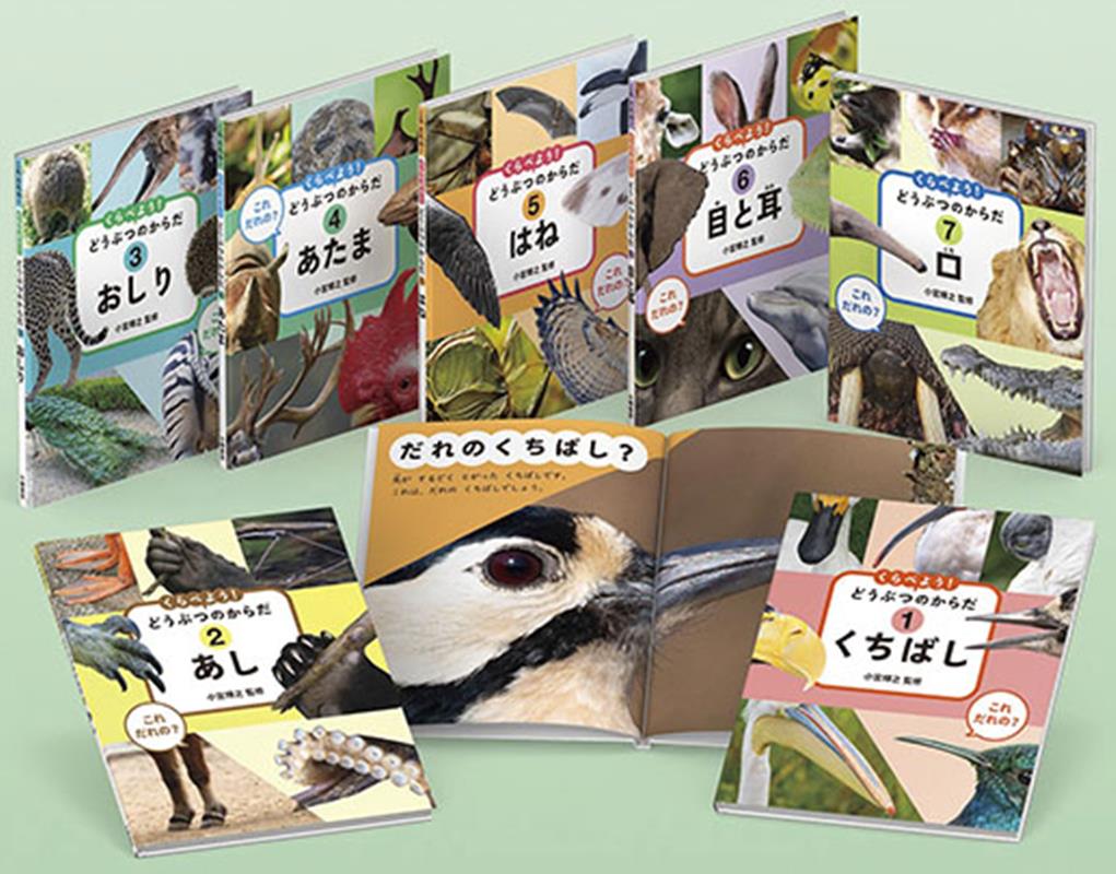 小学1年生「国語」の副読本としておすすめのシリーズ。鳥のくちばしや羽をはじめ、動物の頭やあし、お尻、目や耳、口など、子どもたちになじみの深い動物の「からだ」の一部にクローズアップ！　それぞれの動物がもっている特徴を、写真やイラストで、楽しく紹介します。私たち人間とは見た目のちがう動物が、どうしてその姿をしているのか、どんな暮らしをしているのかを、子どもたちにもわかりやすい文章で伝えます。

【セット内訳】
(1) くちばし
(2) あし
(3) おしり
(4) あたま
(5) はね
(6) 目と耳
(7) 口