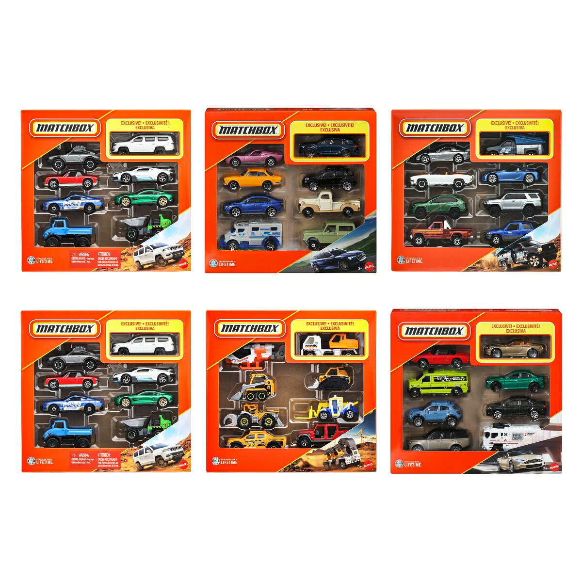 マッチボックスの8パックで、リアルな冒険ドライブを楽しめます。1:64スケールの車やトラックは、それぞれ実車を思わせるリアルなディテールを再現。
各8パックには限定車1台が含まれ、テーマごとに異なる車両をコレクションできます。
年間を通してさまざまなテーマセットが登場するシリーズです。
※アソート商品のため、掲載画像の内容が実商品と異なる場合がございます。
【内訳】アウディ E-トロン(Audi e-tron)×1、MBXキャベーター(MBXcavator&trade;)×1、2022 ジープ ワゴニア(2022 Jeep&reg; Wagoneer)×2、フォード F-250 スーパーデューティー ウィズ ランプ(Ford F-250 Super Duty W/Ramp)×1、アストンマーティン DBS ヴォランテ(Aston Martin DBS Volante)×1、合計6点
【原産国】タイ
【対象年齢】3歳から
【BOX入り】BOX販売のため、専用の段ボールに入っています。
専用段ボールは商品がピッタリ収まるため、大切なコレクションを保管するのに最適です。
※商品梱包用・出荷用のラベル等を貼付した状態でのお届けとなります。
【プレゼントに最適】お誕生日、クリスマスプレゼント、入園・入学祝いなど記念日でのプレゼントにぴったりです。
【マッチボックス】1953年にイギリスで登場し、ダイキャストカーのカテゴリーを作った「マッチボックス」。
ライセンスカーを中心に、実車を忠実に再現したデザインが特徴です。【対象年齢】：3歳以上【商品サイズ (cm)】(幅×高さ×奥行）：19.9×19.1×3.8