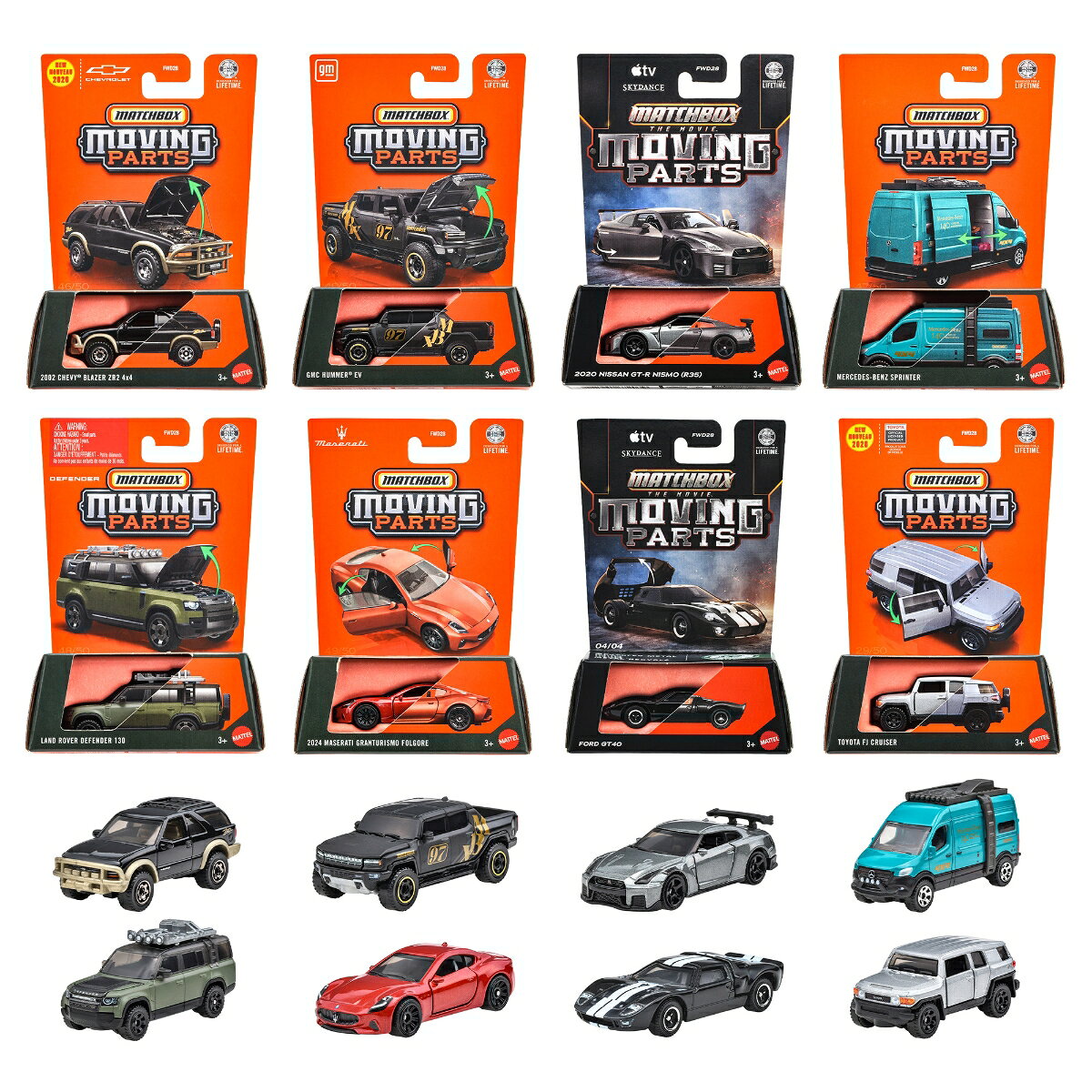 マッチボックス ムービングパーツアソートは、ドアやトランク、ボンネットが実車のように開閉する、リアルさを追求したシリーズです。
1:64スケールの各ビークルは、リアルなデコレーションと細かなディテールを再現。
世界各国のライセンスカー＆トラックをラインアップしています。
各車両には、ISCC認証取得のバイオベースプラスチック*を一部採用しています。
*マスバランスアプローチによる。
【内訳】フォード GT40(Ford GT40)×1、トヨタ FJ クルーザー(Toyota FJ Cruiser)×1、GMC ハマー EV(GMC Hummer&reg; EV)×1、2002 シェビー ブレイザー ZR2 4x4(2002 Chevy&reg; Blazer ZR2 4x4)×1、メルセデス・ベンツ スプリンター(Mercedes-Benz Sprinter)×1、2020 日産 GT-R ニスモ (R35)(2020 Nissan GT-R Nismo (R35))×1、ランドローバー ディフェンダー 130(Land Rover Defender 130)×1、2024 マセラティ グラントゥーリズモ フォルゴーレ(2024 Maserati GranTurismo Folgore)×1、合計8台
【原産国】タイ
【対象年齢】3歳から
【BOX入り】BOX販売のため、専用の段ボールに入っています。
専用段ボールは商品がピッタリ収まるため、大切なコレクションを保管するのに最適です。
※商品梱包用・出荷用のラベル等を貼付した状態でのお届けとなります。
【プレゼントに最適】お誕生日、クリスマスプレゼント、入園・入学祝いなど記念日でのプレゼントにぴったりです。
【マッチボックス】1953年にイギリスで登場し、ダイキャストカーのカテゴリーを作った「マッチボックス」。
ライセンスカーを中心に、実車を忠実に再現したデザインが特徴です。【対象年齢】：3歳以上【商品サイズ (cm)】(幅×高さ×奥行）：10.8×16.5×4.2