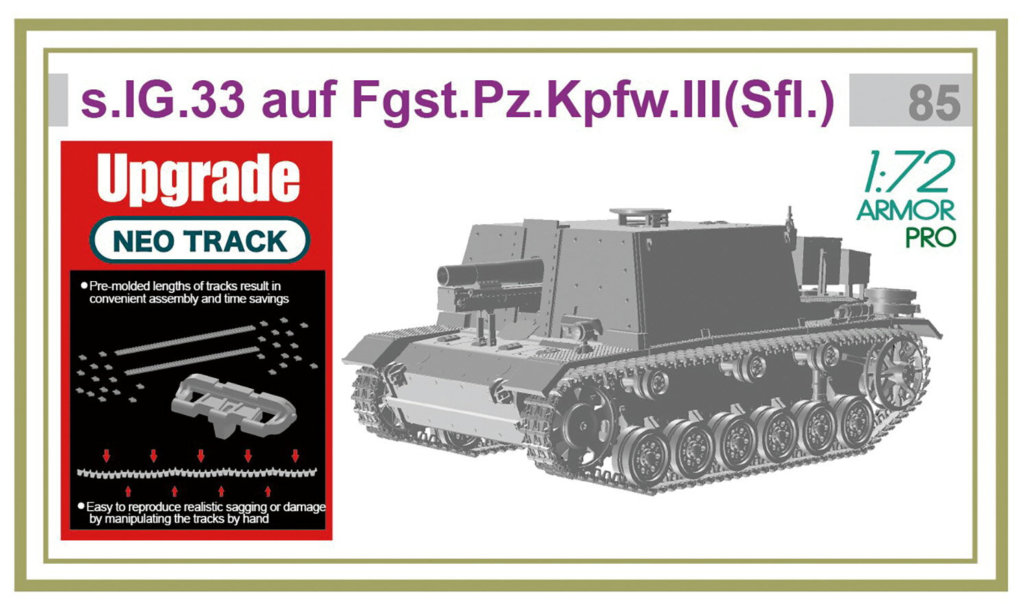 ●1/72スケールで存在感ある姿を詳細に再現
第二次大戦のドイツ軍自走重歩兵砲を1/72スケールで再現したプラスチックモデル組み立てキットです。
【実車について】
15cm重歩兵砲をIII号突撃砲の車体に搭載した突撃歩兵砲がs.I.G.33III号自走砲です。
第二次世界大戦でドイツ軍が開発、 装備した車両のひとつでアルケット社によって1942年、24両が生産されました。
車体はIII号突撃砲E型とF/8型が使用され、その上 に大型の固定式戦闘室を設置。
主砲には15cm s.I.G33重歩兵砲を搭載していました。
この歩兵砲は1927年から開発が始められ、制式化は1933年。
ラインメタル社を中心に生産が行われ、大戦が終わるまでに約4600門が生産されています。
榴弾をはじめ、成形炸薬弾発煙弾、および、爆風弾の使用が可能でした。
これを各種車両に搭載した自走砲も開発されましたがそのひとつがs.I.G33III号自走砲でスターリングラード攻防戦に参加したのち、終戦まで戦ったのです。

【モデルについて】
モデルはs.I.G.33III号自走重歩兵砲を1/72スケールで再現したプラスチックモデル組立キットです。
III号突撃砲の車体の上に作られた戦闘室は最新の精密3Dプリント技術を使ったパーツで構成。
戦闘室側面のフックや部分的なアンダーカットのディテール、戦闘室ドアに取り付けられたハンドルなど、3Dプリントならではの再現が仕上がりのディテールを高めます。
車体下部はおなじみのプラスチック成形パーツ。
III号戦車の車体を足回りまで再現。
履帯には一部一体一部連結で組み立てやすいネオトラックを採用しています。
また、主砲の15cm歩兵砲は戦闘室内に収まる砲架部分まで、細密な3Dプリント技術で再現。
砲身は内側に刻まれたライフリングも表現している他マウントやガンブリーチなど、各部のメカニズムも詳細に再現。
ユニークな形状と主砲メカをしっかりと再現した充実の1/72キットです。
 

●1/72スケールでs.I.G.33III号自走重歩兵砲を再現
●戦闘室など車体上部は3Dプリントパーツでディテールを繊細に再現
●15cm s.I.G33重歩兵砲は砲架部分まで3Dプリントパーツで詳細にモデル化
●砲身は内側のライフリングも表現
●履帯は組み立ても手軽なネオトラックを採用

・ホビー系商品についての諸注意
メーカー都合により発売の大幅な延期が発生する可能性がございます。
予約商品についてはメーカーから順次入荷次第の発送となります。メーカー公表の発売日とは異なる場合がございますのでご了承ください。【対象年齢】：