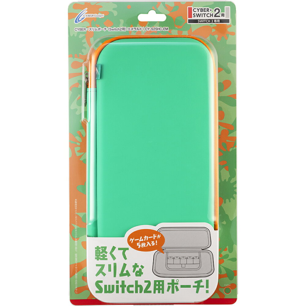 Joy-Con2接続中のSwitch2本体を収納可能薄型でコンパクトなポーチ
Joy-Con2を接続したままSwitch2本体を収納できる、薄型でコンパクトなポーチです。
軽くて衝撃に強いEVA素材を採用、キズや衝撃を防ぎます。
内側にはやわらかい手触りの起毛素材を使用しており、ゲーム機をやさしく守ります。

Switch2用／Switch用ゲームカードを最大5枚収納できる！
ポーチ内部にはSwitch2本体の画面を守る保護パッドがあり、Switch2用/Switch用ゲームカードを最大5枚収納できるポケット付き。お気に入りのタイトルを持ち運べます。

サイバーガジェット製カバーとの併用も可能！
別売りのサイバーガジェット製Switch2用カバー（プロテクトカバー セパレート、TPUカバー、シリコンカバー）を装着したまま、Switch2本体とJoy-Con2を収納することも可能です。

■対応機種：Nintendo Switch 2
■セット内容：スリムポーチ×1
■素材：PU (ポーチ外部)、EVA (ポーチ内部)
■サイズ：約 140×290×30mm