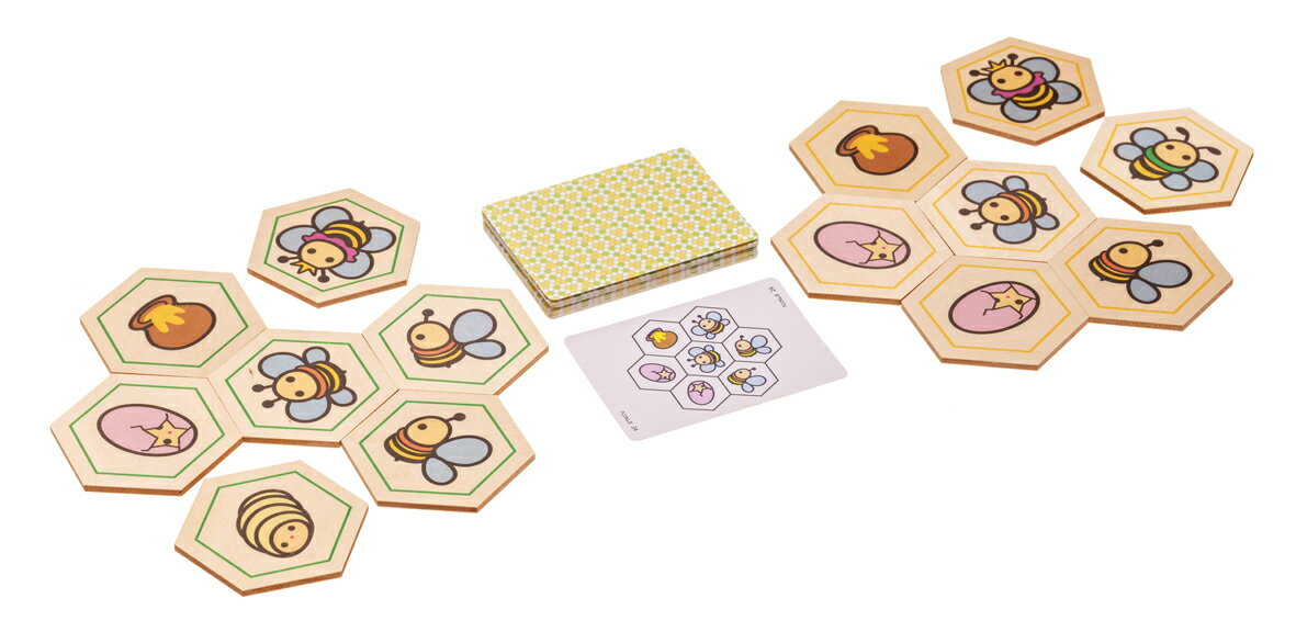 スピードと頭脳を競い合い、ハチの巣を完成させるスリルを体感しましょう！ハニカムズは、楽しく頭を使う対戦型パズルゲームです。ハチの仲間やハチ蜜壺など木製プレートを並べる速さを競います。【対象年齢】：4歳以上【商品サイズ (cm)】(幅×高さ×奥行）：17×3×13