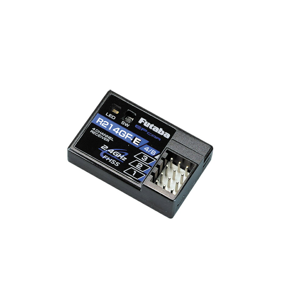 R214GF-E
4YWDに付属
初代FHSS単一方向通信が可能です。
★R214GF-Eは「S-FHSS」「FHSS」に対応した受信機です。

製品特徴
【寸法】35.1 x 23.2 x 9 mm
【重量】6 g
【使用電圧】4.8 〜 7.4 V
【システム】S-FHSS / FHSS
●アンテナ内蔵型
※本製品はS-FHSSもしくはFHSSの電波を受信していない場合にはLEDが点灯/点滅しません。
※電源投入してもLEDに反応がない場合は、送信機のシステム設定がS-FHSS/FHSSになっているかご確認ください。

・ホビー系商品についての諸注意
メーカー都合により発売の大幅な延期が発生する可能性がございます。
予約商品についてはメーカーから順次入荷次第の発送となります。メーカー公表の発売日とは異なる場合がございますのでご了承ください。【対象年齢】：