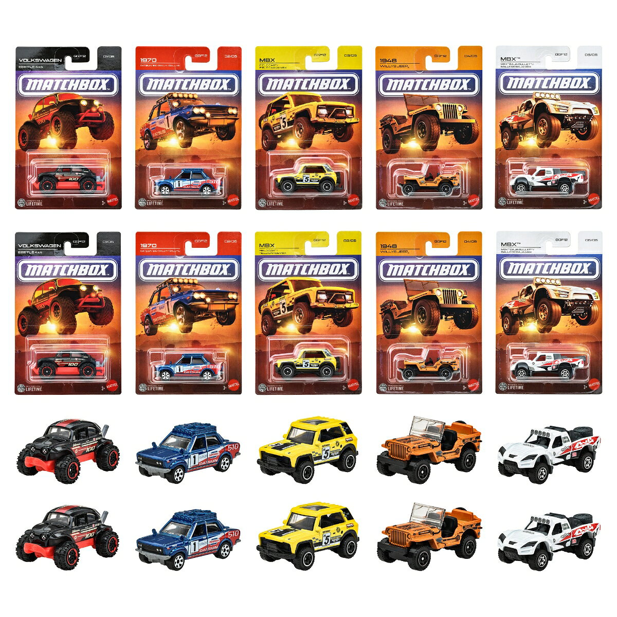 テーマごとに実車を集めた「マッチボックス テーマアソート」シリーズ。
「オフロード」は、未舗装路やアウトドアでの走行をイメージした車両をテーマにした1:64スケールのダイキャストカーシリーズです。
実車を思わせるリアルなディテールと造形を再現し、ひと目で車種がわかる本格的なデザインが魅力です。
テーマに合わせた特別なパッケージデザインで、キッズからコレクターまで楽しめる仕様です。
【内訳】フォルクスワーゲン ビートル 4x4(Volkswagen Beetle 4x4)×2、1970 ダットサン 510 ラリー(1970 Datsun 510 Rally)×2、MBX フィールド カー(MBX Field Car&trade;)×2、1948 ウィリス ジープ(1948 Willys Jeep&reg;)×2、MBX バハ ブレット(MBX&trade; Baja Bullet&trade;)×2、合計10点
【原産国】タイ
【対象年齢】3歳から
【BOX入り】BOX販売のため、専用の段ボールに入っています。
専用段ボールは商品がピッタリ収まるため、大切なコレクションを保管するのに最適です。
※商品梱包用・出荷用のラベル等を貼付した状態でのお届けとなります。
【プレゼントに最適】お誕生日、クリスマスプレゼント、入園・入学祝いなど記念日でのプレゼントにぴったりです。
【マッチボックス】1953年にイギリスで登場し、ダイキャストカーのカテゴリーを作った「マッチボックス」。
ライセンスカーを中心に、実車を忠実に再現したデザインが特徴です。【対象年齢】：3歳以上【商品サイズ (cm)】(幅×高さ×奥行）：10.9×16.5×3.8