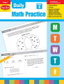 Daily Math Practice is divided into 36 weekly sections. The five items practiced each day, Monday through Thursday, include two computation problems, two items that practice a variety of math skills, and one word problem. Friday lessons contain a single problem that is more extensive and may require multiple steps and problems that emphasize reasoning and communication in mathematics.