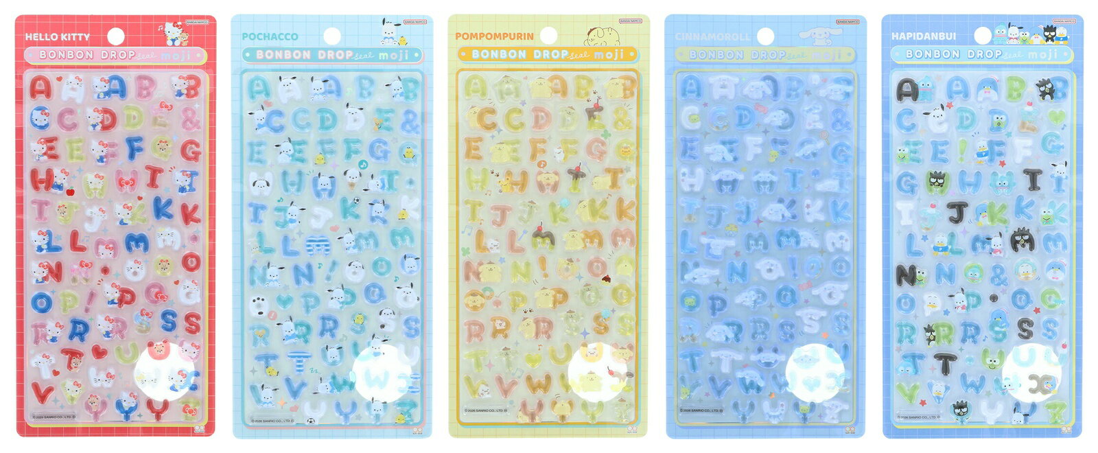 【セット商品】サンリオ　ボンボンドロップシール　もじ　5種（ハローキティ　スタンダード、ポチャッコ、ポムポムプリン、シナモロール、はぴだんぶい）