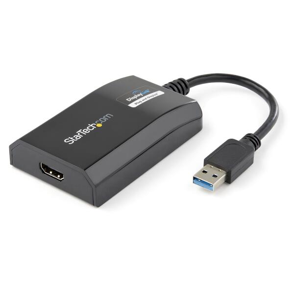 USB 3.0ポートにHDMIディスプレイを外付けにできるUSB 3.0 - HDMIアダプタ。 Mac／PCコンピュータシステムのビデオ機能を拡張する費用対効果に優れたソリューションです。

【USB 3.0帯域幅とHD性能】
この外付けビデオアダプタはUSB 3.0に対応しています。高度なHDビデオ性能に必要となる処理能力を提供し、1920x1200 ／ 1080pのビデオ解像度で出力します。USB 3.0ポートを搭載していないコンピュータで使用する場合も、USB 2.0と下位互換性があるので、HDMIモニタを接続が可能です。USB 3.0対応のシステムにアップグレードした場合、継続して同じアダプタを使用できます。 

【マルチタスクが簡単になる外付けモニタをプラスして作業効率をアップ】
MacBook、Ultrabookなどの薄型ノートパソコンは、非常にコンパクトな造りになっており、内部ビデオカードを増設するスペースがありません。外付けビデオカードとして機能するUSBディスプレイ アダプタは、内部ビデオカード増設に代わるシンプルで便利なソリューションです。USBポートさえあればデスクトップを外付けディスプレイにミラーリング・拡張できるため、マルチタスクしやすい環境にして作業効率を上げることができます。

【DisplayLink プラグアンドディスプレイ対応】
このアダプタは、DisplayLinkプラグアンドディスプレイに対応しています。インターネットに接続されたWindows 7／8／10 コンピュータに接続すると、自動的に最新のドライバがインストールされます。マニュアルでソフトウエアをダウンロードしたり、 インストールする必要はありません。

StarTech.com では、本製品に2年間保証と無期限無料技術サポートを提供しています。

推奨されるシステム要件：
CPU: クアドコア 2.4GHz 以上（i5 を推奨）
RAM: 4GB以上